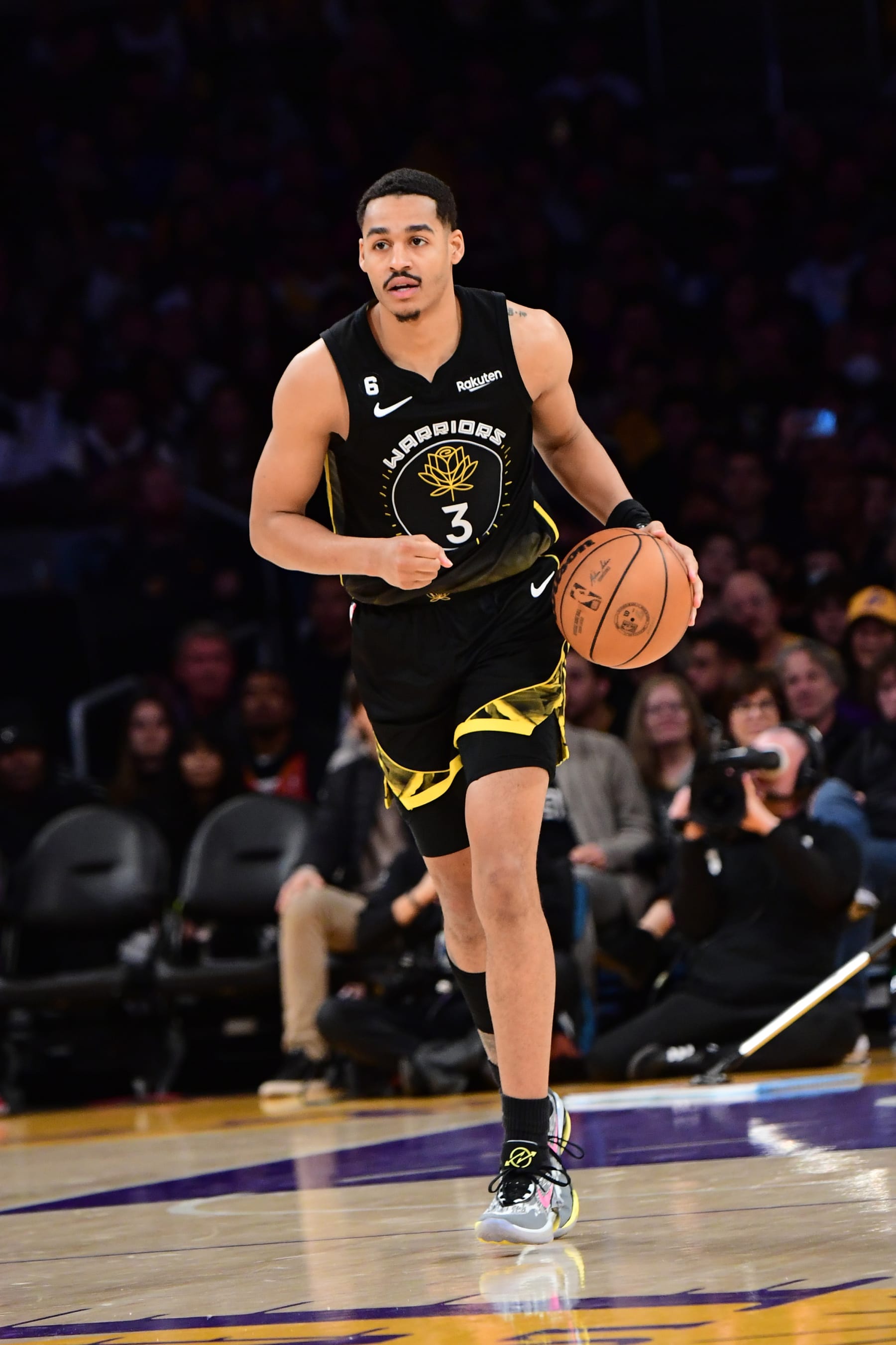 LOS ANGELES, CA - MARCH 5:  Jordan Poole #3 of the Golden State Warriors goes to the basket during the game on March 5, 2023 at Crypto.Com Arena in Los Angeles, California. NOTE TO USER: User expressly acknowledges and agrees that, by downloading and/or using this Photograph, user is consenting to the terms and conditions of the Getty Images License Agreement. Mandatory Copyright Notice: Copyright 2023 NBAE (Photo by Adam Pantozzi/NBAE via Getty Images)
