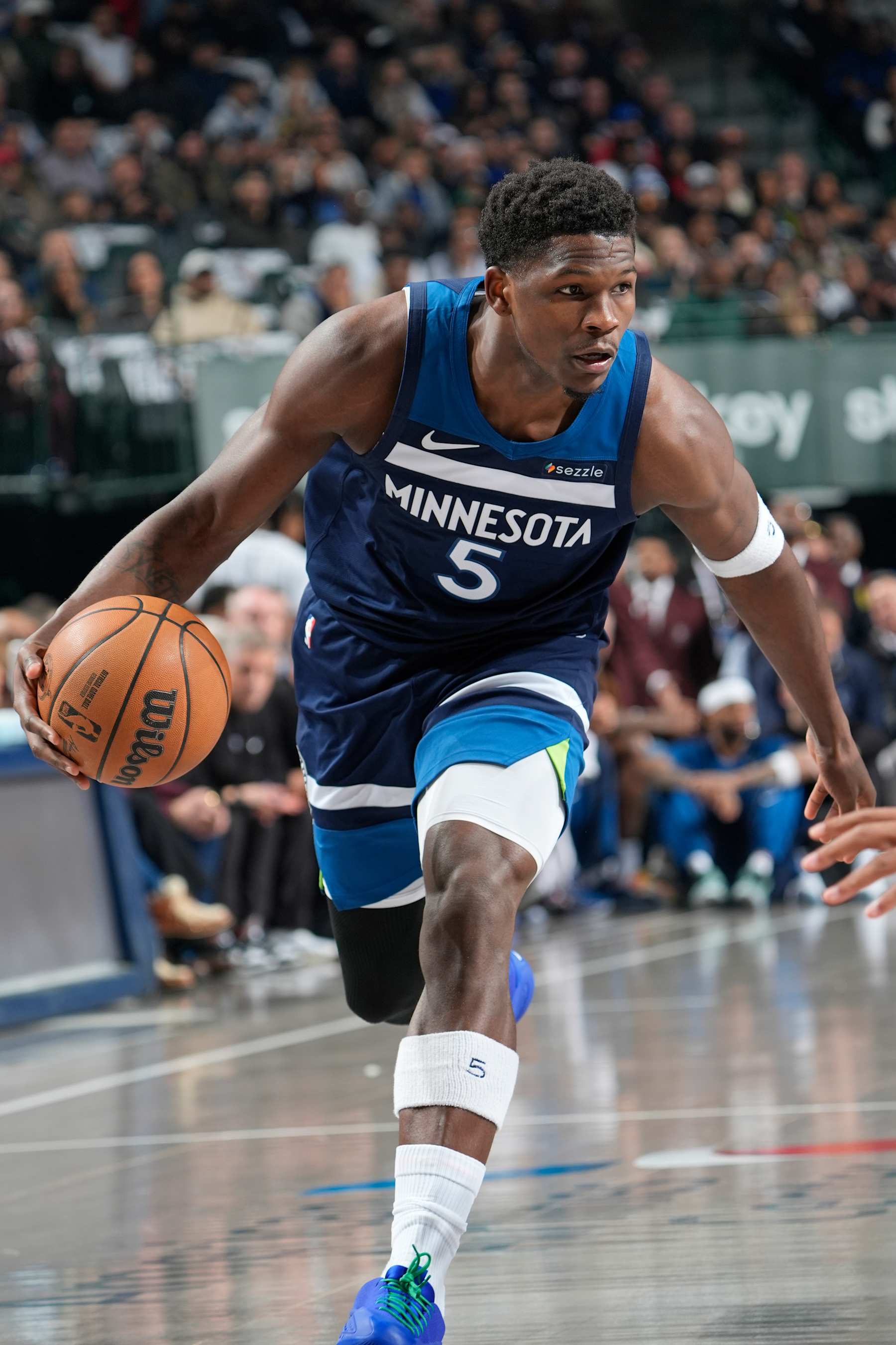 DALLAS, TX - JANUARY 22: Anthony Edwards #5 of the Minnesota Timberwolves handles the ball during the game against the Dallas Mavericks on January 22, 2025 at American Airlines Center in Dallas, Texas. NOTE TO USER: User expressly acknowledges and agrees that, by downloading and or using this photograph, User is consenting to the terms and conditions of the Getty Images License Agreement. Mandatory Copyright Notice: Copyright 2025 NBAE (Photo by Glenn James/NBAE via Getty Images)