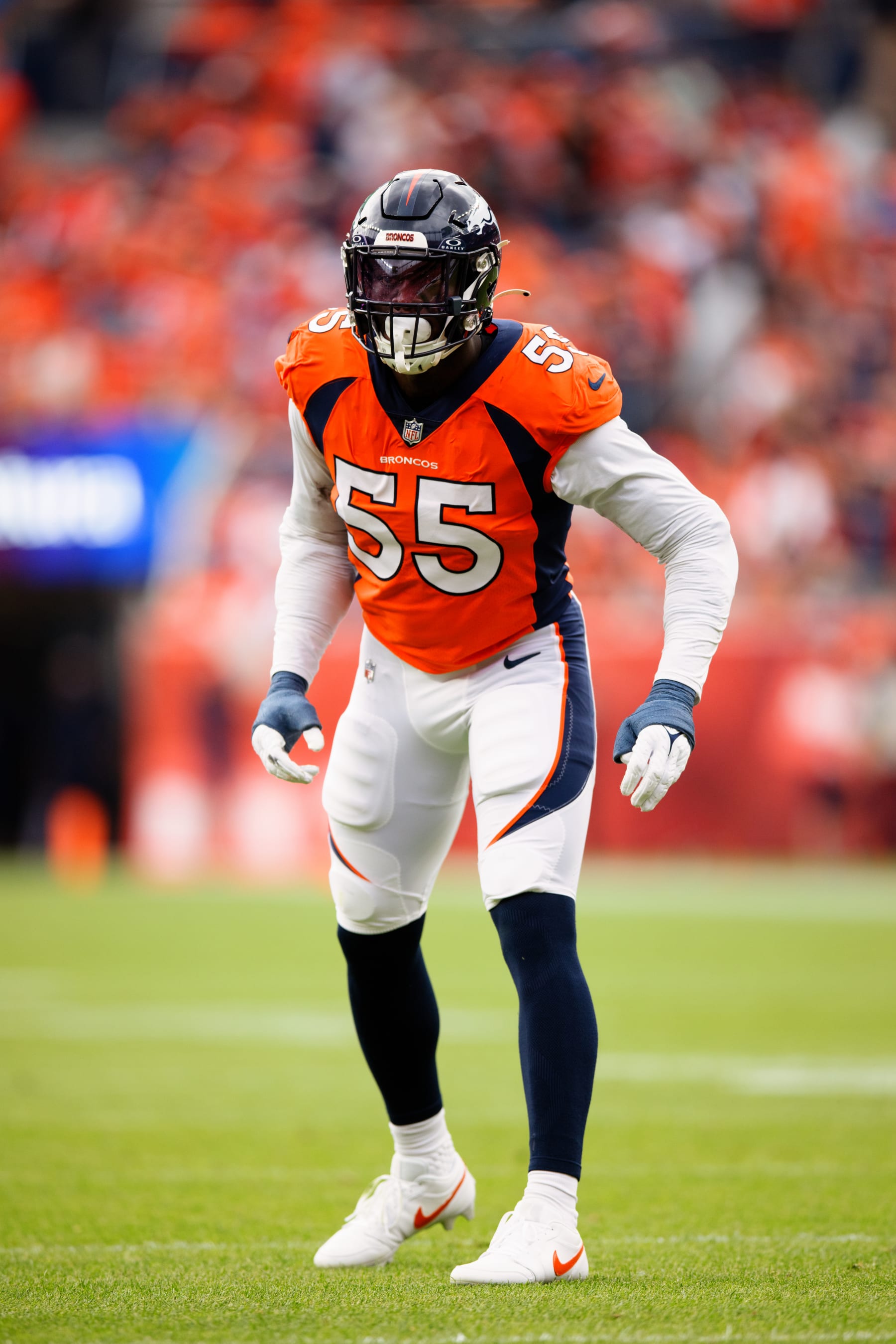 DENVER, CO - SEPTEMBER 10:  Linebacker Frank Clark #55 of the Denver Broncos lines up during the second quarter against the Las Vegas Raiders at Empower Field at Mile High on September 10, 2023 in Denver, Colorado. (Photo by Justin Edmonds/Getty Images)