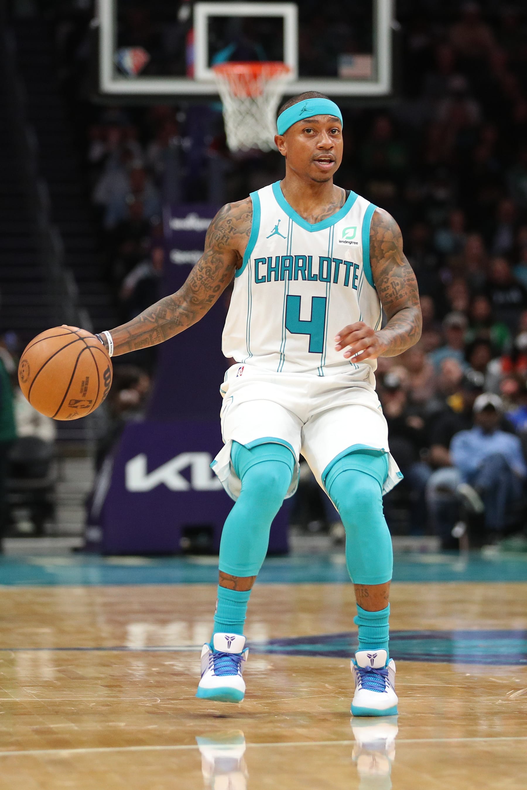 CHARLOTTE, NC - MARCH 9: Isaiah Thomas #4 of the Charlotte Hornets dribbles the ball during the game against the Boston Celtics on March 9, 2022 at Spectrum Center in Charlotte, North Carolina. NOTE TO USER: User expressly acknowledges and agrees that, by downloading and or using this photograph, User is consenting to the terms and conditions of the Getty Images License Agreement.  Mandatory Copyright Notice:  Copyright 2022 NBAE (Photo by Brock Williams-Smith/NBAE via Getty Images)