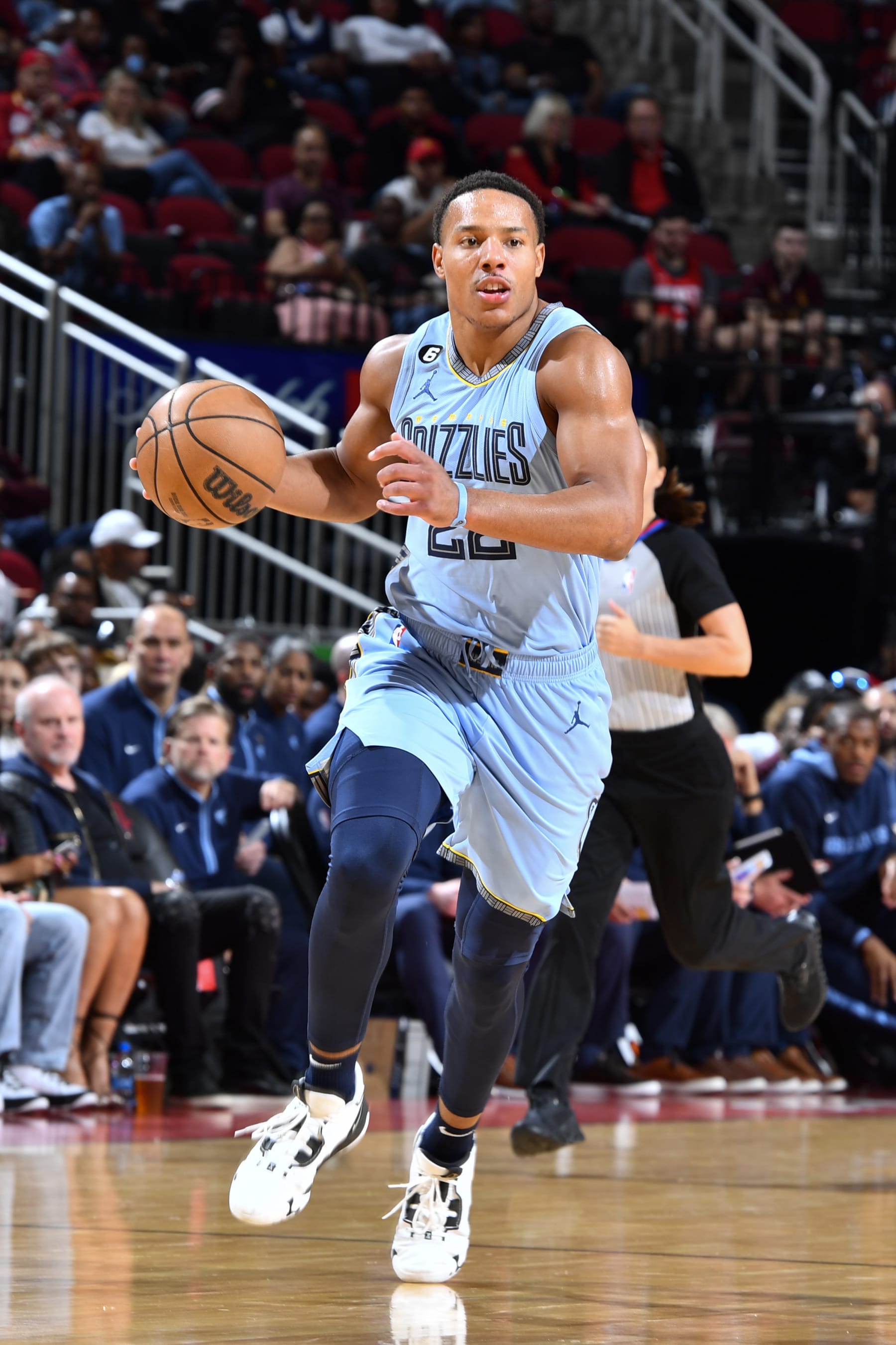 HOUSTON, TX - OCTOBER 21: Desmond Bane #22 of the Memphis Grizzlies drives to the basket during the game against the Houston Rockets  on October 21, 2022 at the Toyota Center in Houston, Texas. NOTE TO USER: User expressly acknowledges and agrees that, by downloading and or using this photograph, User is consenting to the terms and conditions of the Getty Images License Agreement. Mandatory Copyright Notice: Copyright 2022 NBAE (Photo by Logan Riely/NBAE via Getty Images)