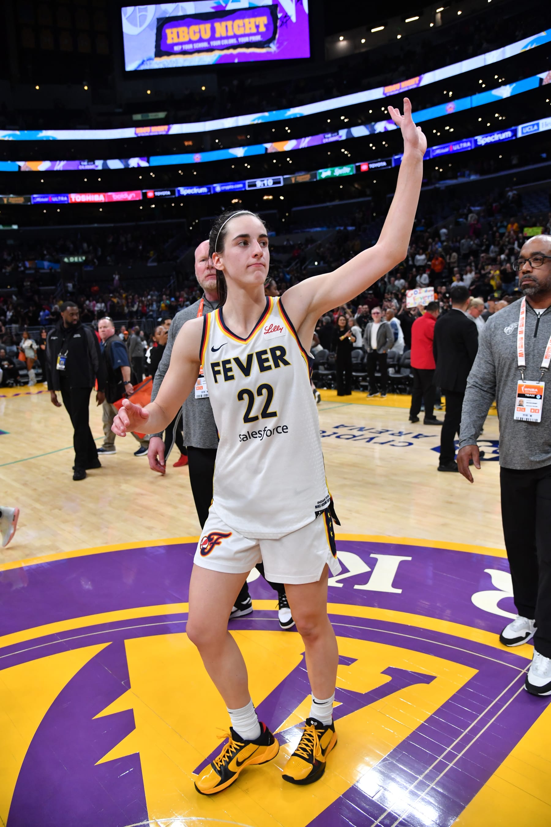 LOS ANGELES, CA - MAY 24: Caitlin Clark #22 of the Indiana Fever celebrates after the game against the Los Angeles Sparks on May 24, 2024 at Crypto.com Arena in Los Angeles, California. NOTE TO USER: User expressly acknowledges and agrees that, by downloading and/or using this Photograph, user is consenting to the terms and conditions of the Getty Images License Agreement. Mandatory Copyright Notice: Copyright 2024 NBAE (Photo by Juan Ocampo/NBAE via Getty Images)