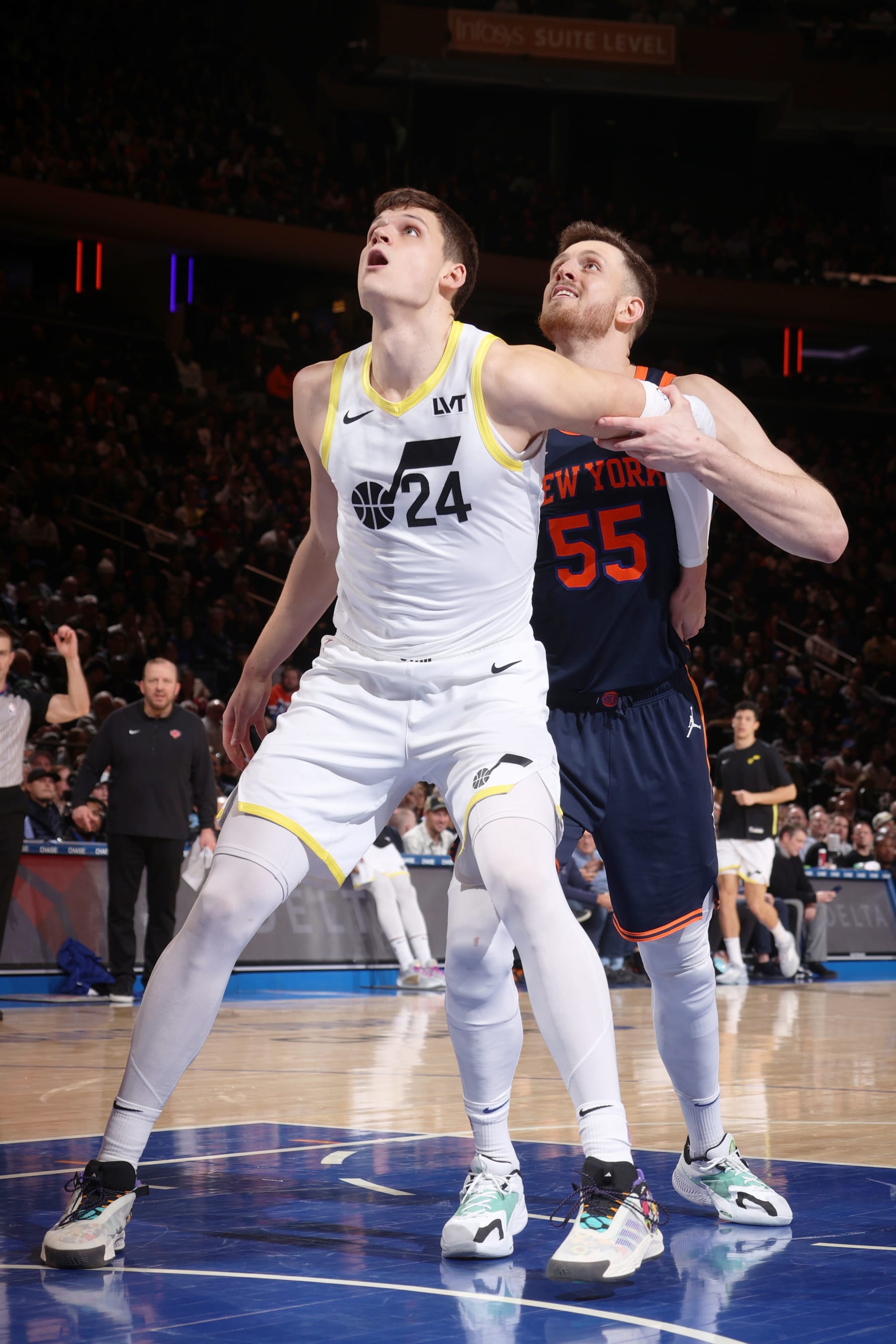 NEW YORK, NY - JANUARY 30: Walker Kessler #24 of the Utah Jazz plays defense during the game against the New York Knicks on January 30, 2024 at Madison Square Garden in New York City, New York.  NOTE TO USER: User expressly acknowledges and agrees that, by downloading and or using this photograph, User is consenting to the terms and conditions of the Getty Images License Agreement. Mandatory Copyright Notice: Copyright 2024 NBAE  (Photo by Nathaniel S. Butler/NBAE via Getty Images)