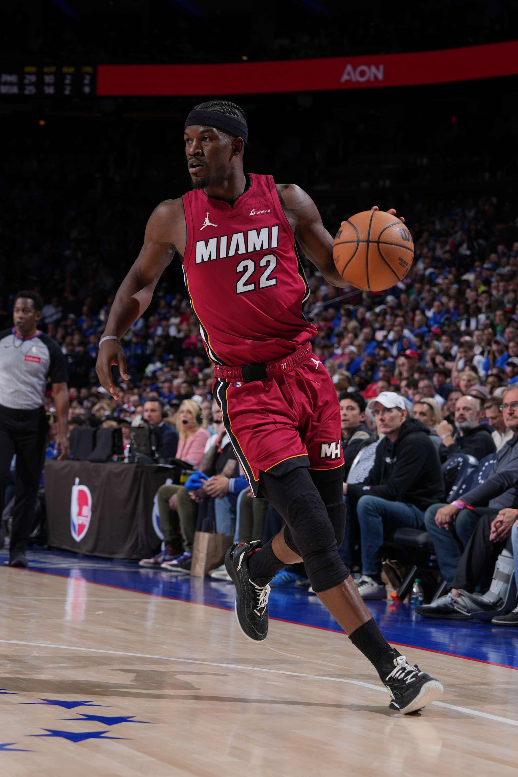 PHILADELPHIA, PA - APRIL 17: Jimmy Butler #22 of the Miami Heat dribbles the ball during the game against the Philadelphia 76ers during the 2024 NBA Play-In Tournament on April 17, 2024 at the Wells Fargo Center in Philadelphia, Pennsylvania NOTE TO USER: User expressly acknowledges and agrees that, by downloading and/or using this Photograph, user is consenting to the terms and conditions of the Getty Images License Agreement. Mandatory Copyright Notice: Copyright 2024 NBAE (Photo by Jesse D. Garrabrant/NBAE via Getty Images)