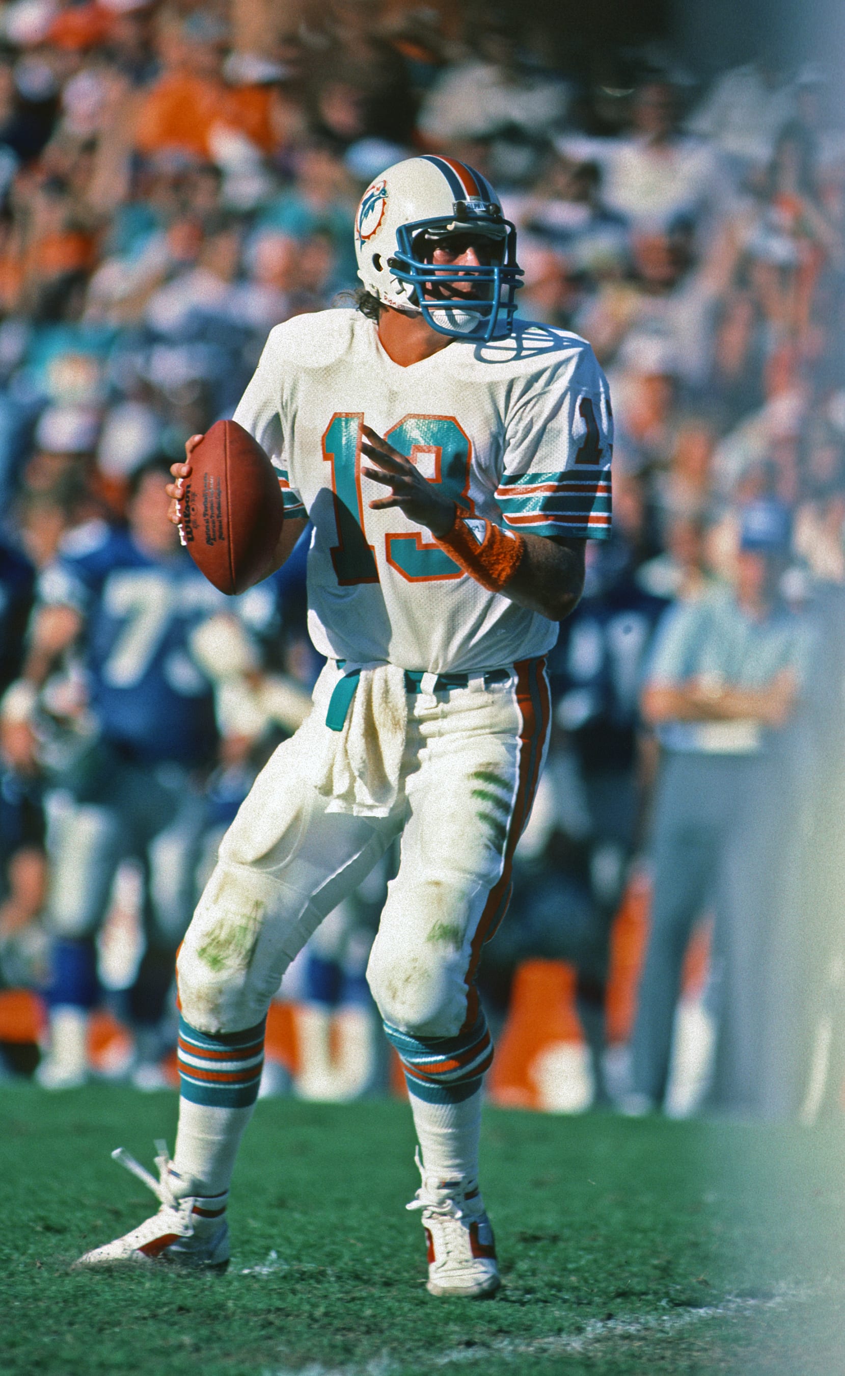 MIAMI, FL - DECEMBER 29:  Quarterback Dan Marino #13 of the Miami Dolphins looks to pass against the Seattle Seahawks during a playoff game at the Orange Bowl on December 29, 1984 in Miami, Florida.  Miami defeated Seattle 31-10.   (Photo by George Gojkovich/Getty Images)