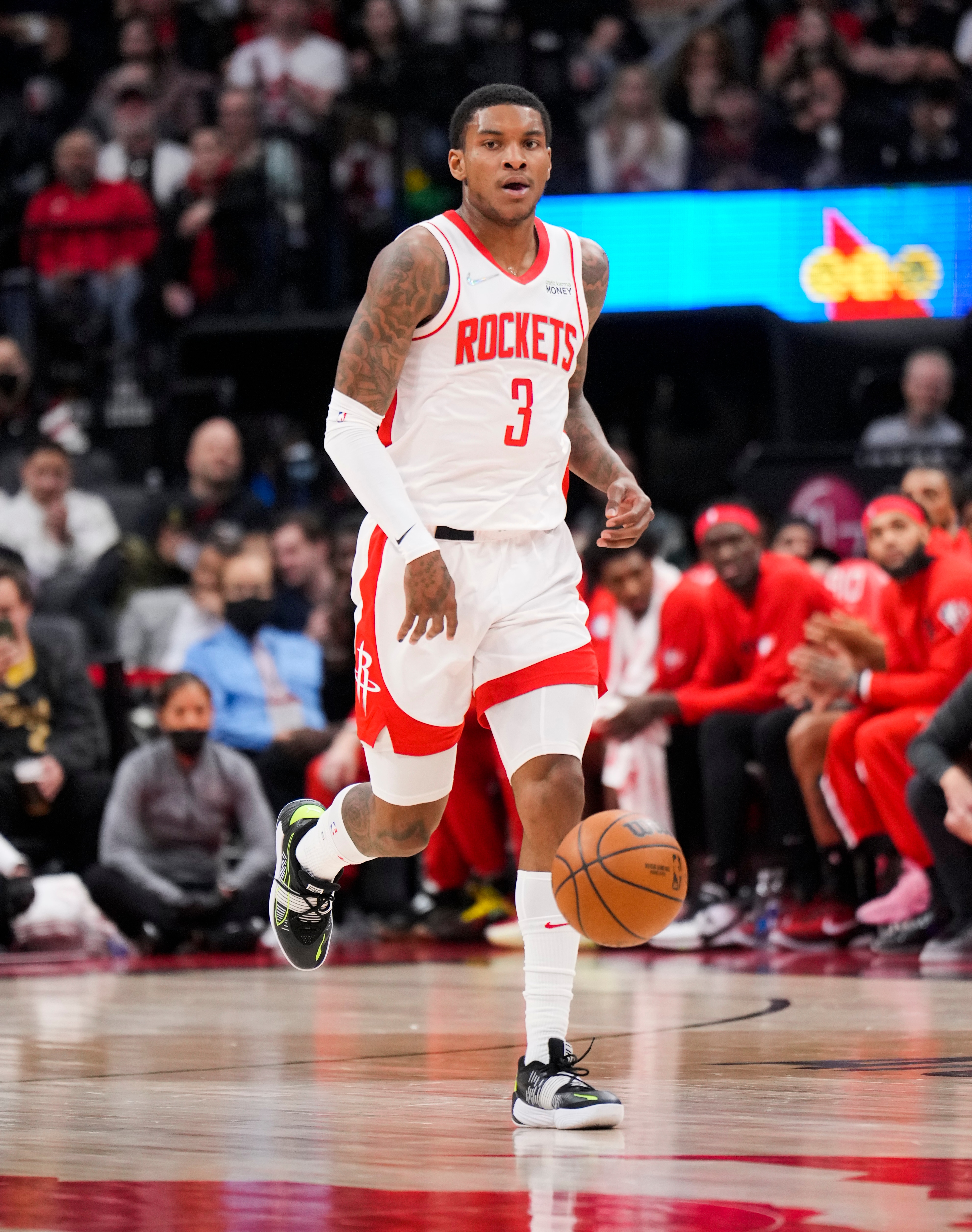 TORONTO, ON - APRIL 8: Kevin Porter Jr. #3 of the Houston Rockets dribbles against the Toronto Raptors during the first half of their basketball game at the Scotiabank Arena on April 8, 2022 in Toronto, Ontario, Canada. NOTE TO USER: User expressly acknowledges and agrees that, by downloading and/or using this Photograph, user is consenting to the terms and conditions of the Getty Images License Agreement. (Photo by Mark Blinch/Getty Images)