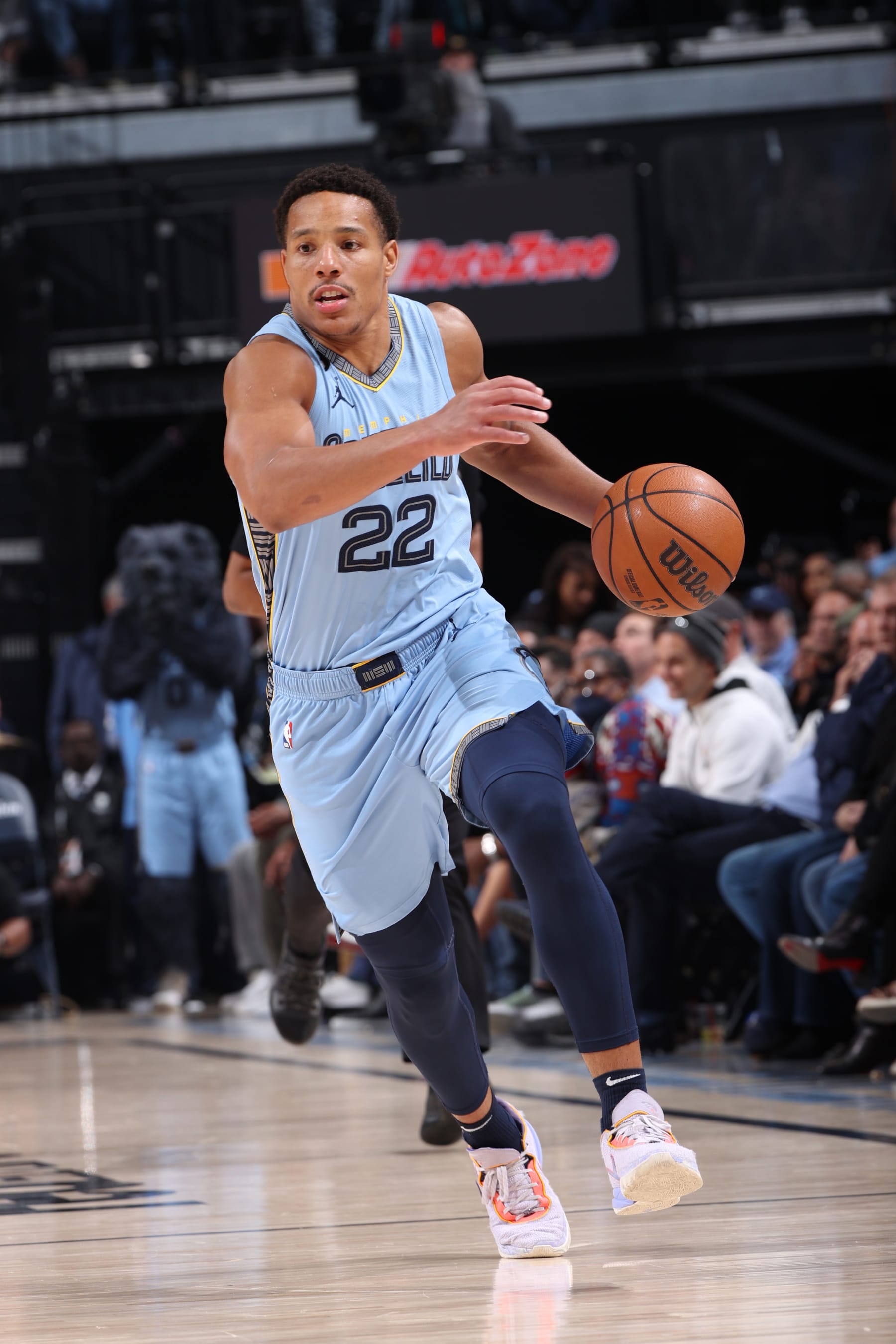 MEMPHIS, TN - MARCH 18: Desmond Bane #22 of the Memphis Grizzlies dribbles the ball during the game against the Golden State Warriors on March 18, 2023 at FedExForum in Memphis, Tennessee. NOTE TO USER: User expressly acknowledges and agrees that, by downloading and or using this photograph, User is consenting to the terms and conditions of the Getty Images License Agreement. Mandatory Copyright Notice: Copyright 2023 NBAE (Photo by Joe Murphy/NBAE via Getty Images)