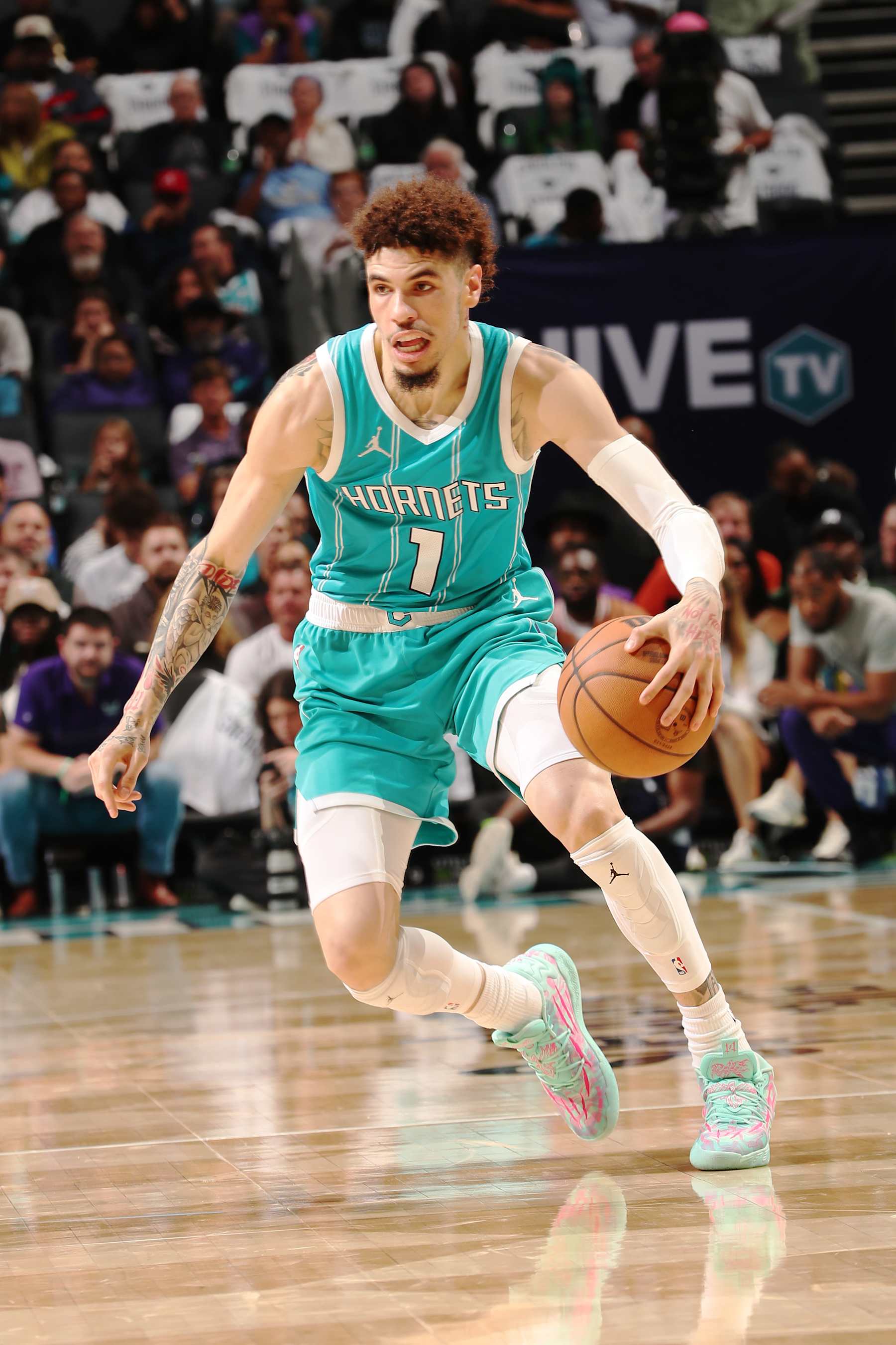 CHARLOTTE, NC - October 26: LaMelo Ball #1 of the Charlotte Hornets dribbles the ball during the game against the Miami Heat on October 26, 2024 at Spectrum Center in Charlotte, North Carolina. NOTE TO USER: User expressly acknowledges and agrees that, by downloading and or using this photograph, User is consenting to the terms and conditions of the Getty Images License Agreement. Mandatory Copyright Notice: Copyright 2024 NBAE (Photo by Kent Smith/NBAE via Getty Images)
