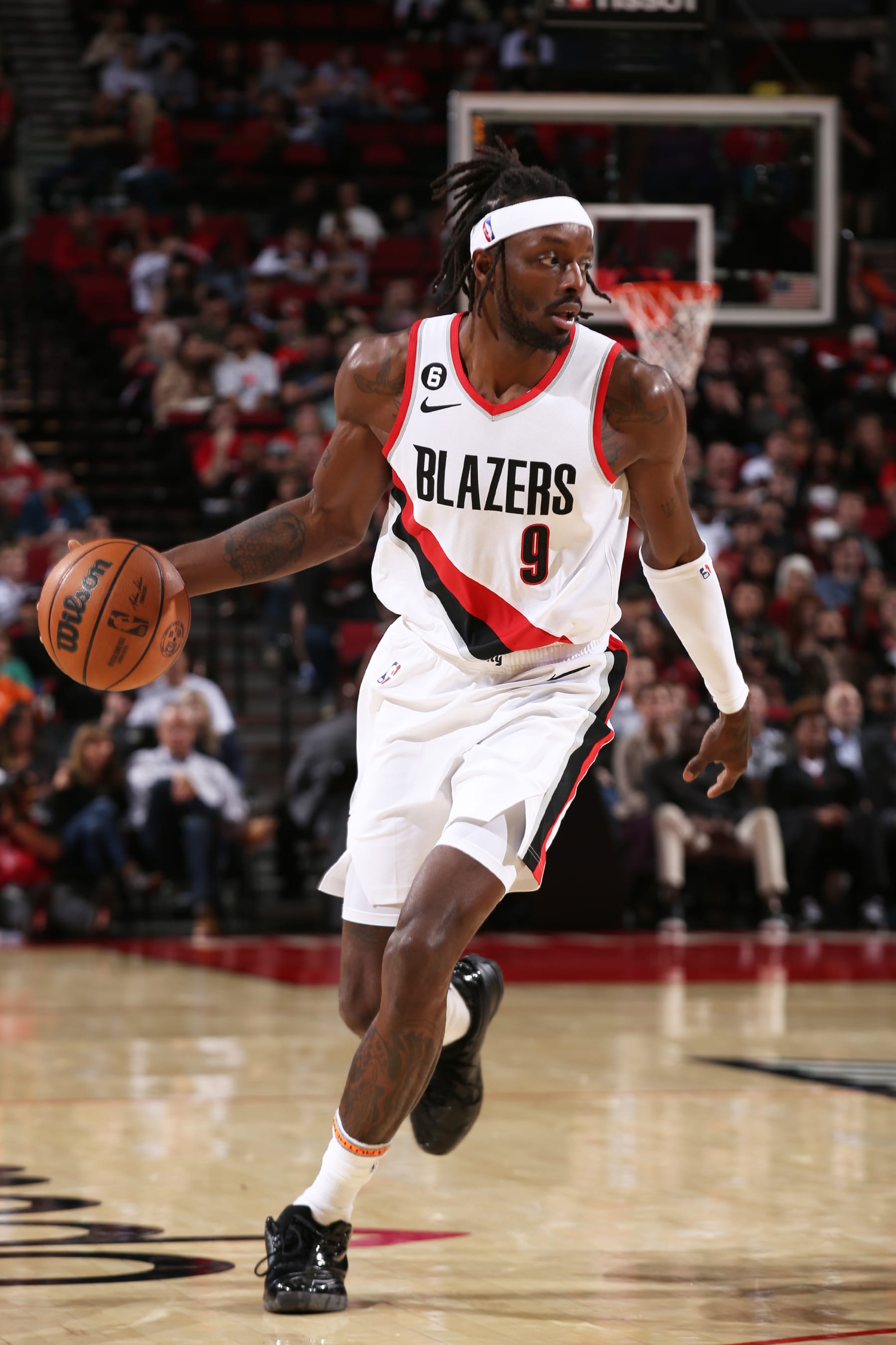 PORTLAND, OR - OCTOBER 4: Jerami Grant #9 of the Portland Trail Blazers handles the ball during the game against the Utah Jazz on October 4, 2022 at the Moda Center Arena in Portland, Oregon. NOTE TO USER: User expressly acknowledges and agrees that, by downloading and or using this photograph, user is consenting to the terms and conditions of the Getty Images License Agreement. Mandatory Copyright Notice: Copyright 2022 NBAE (Photo by Cameron Browne/NBAE via Getty Images)