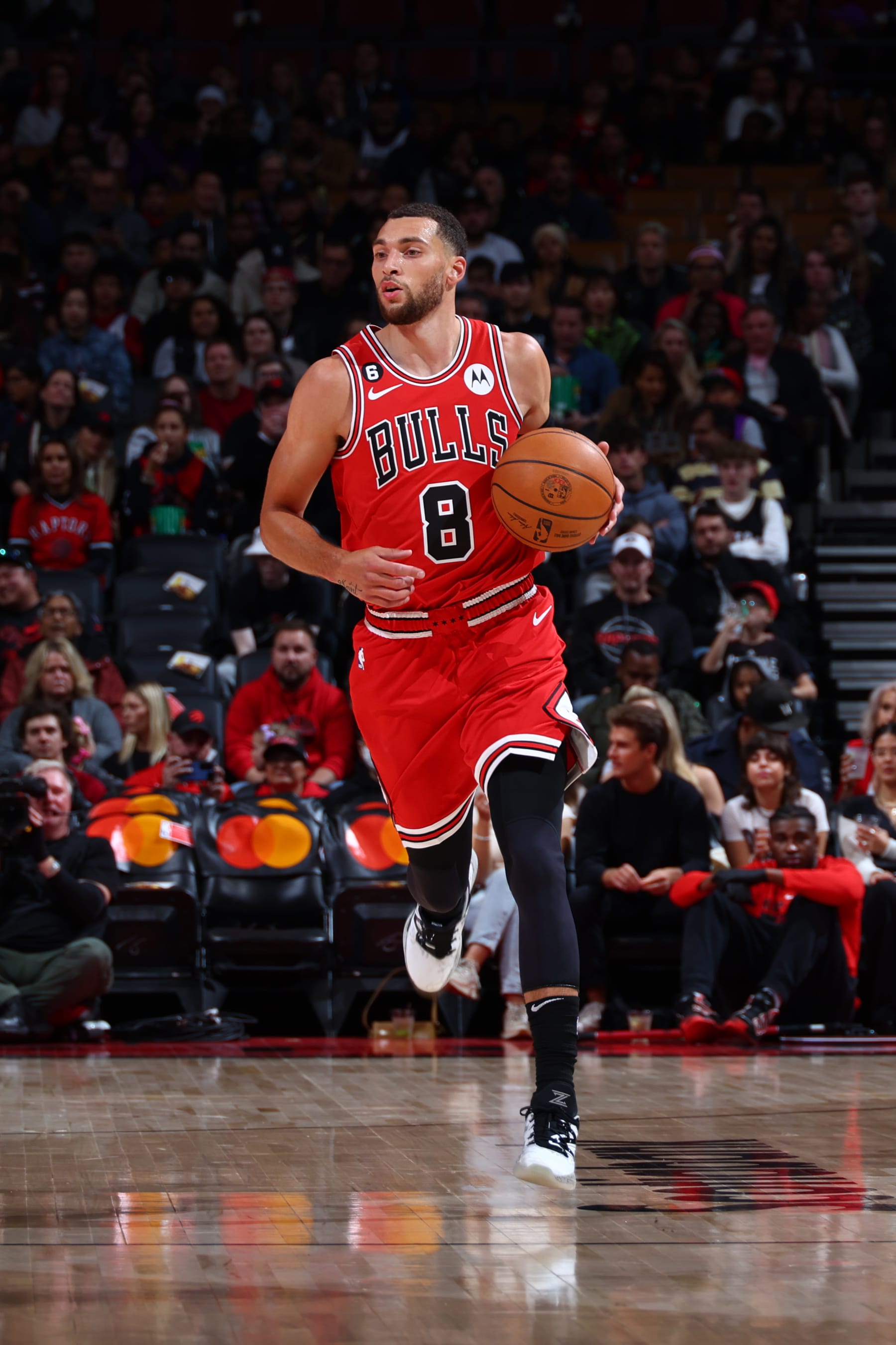TORONTO, CANADA - OCTOBER 9: Zach LaVine #8 of the Chicago Bulls dribbles the ball against the Toronto Raptors during a preseason game on October 9, 2022 at the Scotiabank Arena in Toronto, Ontario, Canada.  NOTE TO USER: User expressly acknowledges and agrees that, by downloading and or using this Photograph, user is consenting to the terms and conditions of the Getty Images License Agreement.  Mandatory Copyright Notice: Copyright 2022 NBAE (Photo by Vaughn Ridley/NBAE via Getty Images)