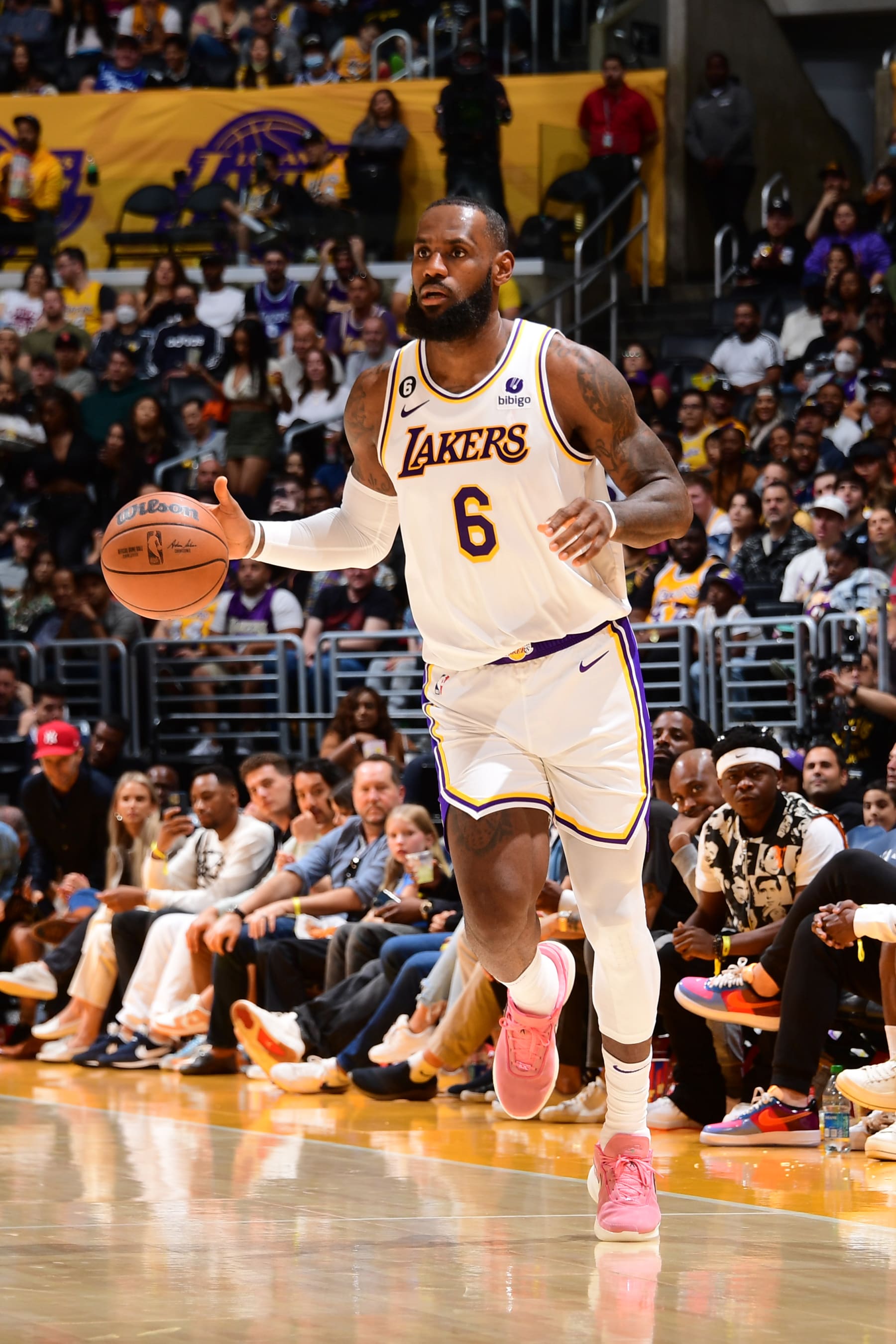LOS ANGELES, CA - OCTOBER 23: LeBron James #6 of the Los Angeles Lakers dribbles the ball during the game against the Portland Trail Blazers on October 23, 2022 at Crypto.Com Arena in Los Angeles, California. NOTE TO USER: User expressly acknowledges and agrees that, by downloading and/or using this Photograph, user is consenting to the terms and conditions of the Getty Images License Agreement. Mandatory Copyright Notice: Copyright 2022 NBAE (Photo by Adam Pantozzi/NBAE via Getty Images)