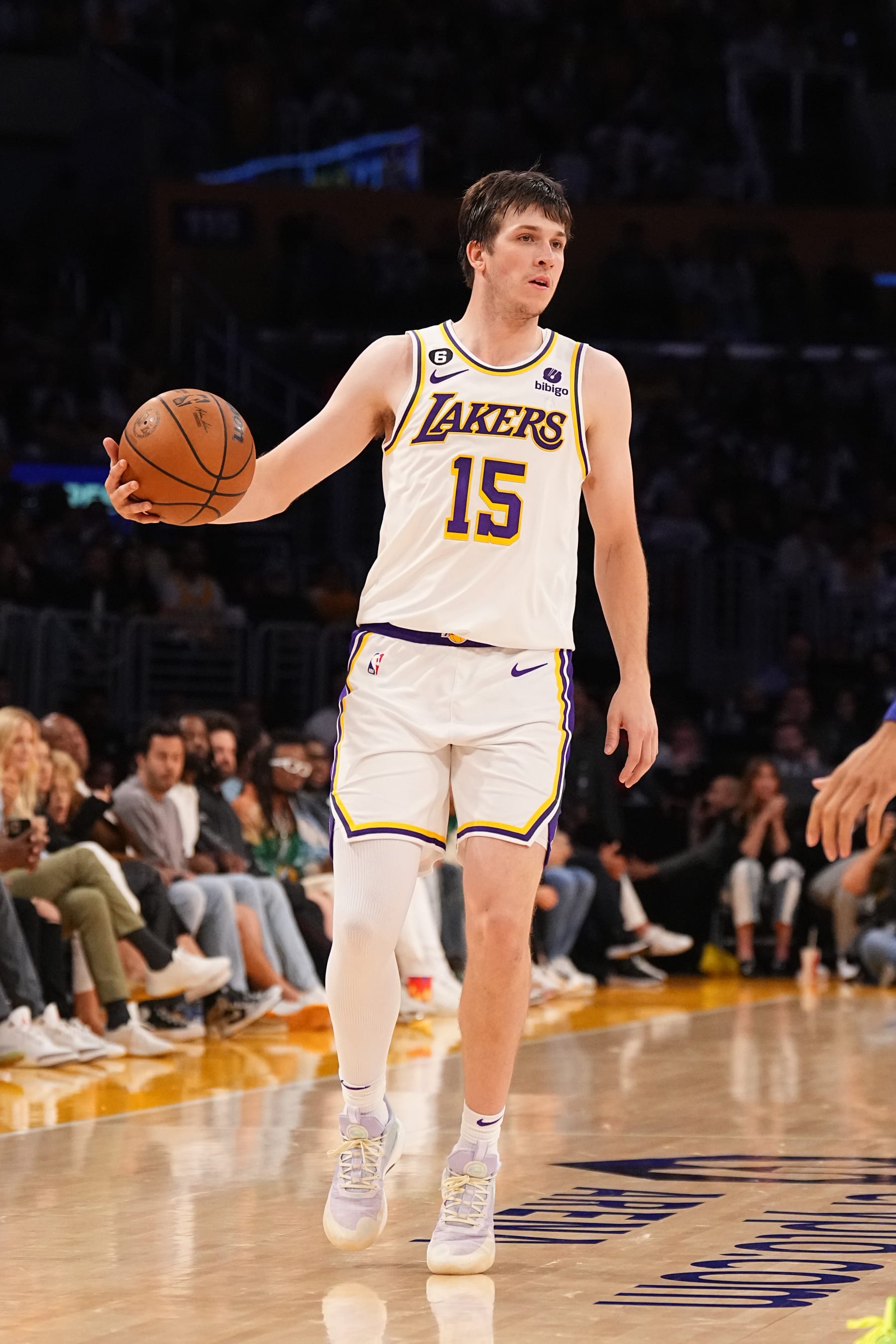 LOS ANGELES, CA - MAY 20: Austin Reaves #15 of the Los Angeles Lakers dribbles the ball during Game Three of the Western Conference Finals against the Denver Nuggets on May 20, 2023 at Crypto.com Arena in Los Angeles, California. NOTE TO USER: User expressly acknowledges and agrees that, by downloading and/or using this Photograph, user is consenting to the terms and conditions of the Getty Images License Agreement. Mandatory Copyright Notice: Copyright 2023 NBAE (Photo by Garrett Ellwood/NBAE via Getty Images)