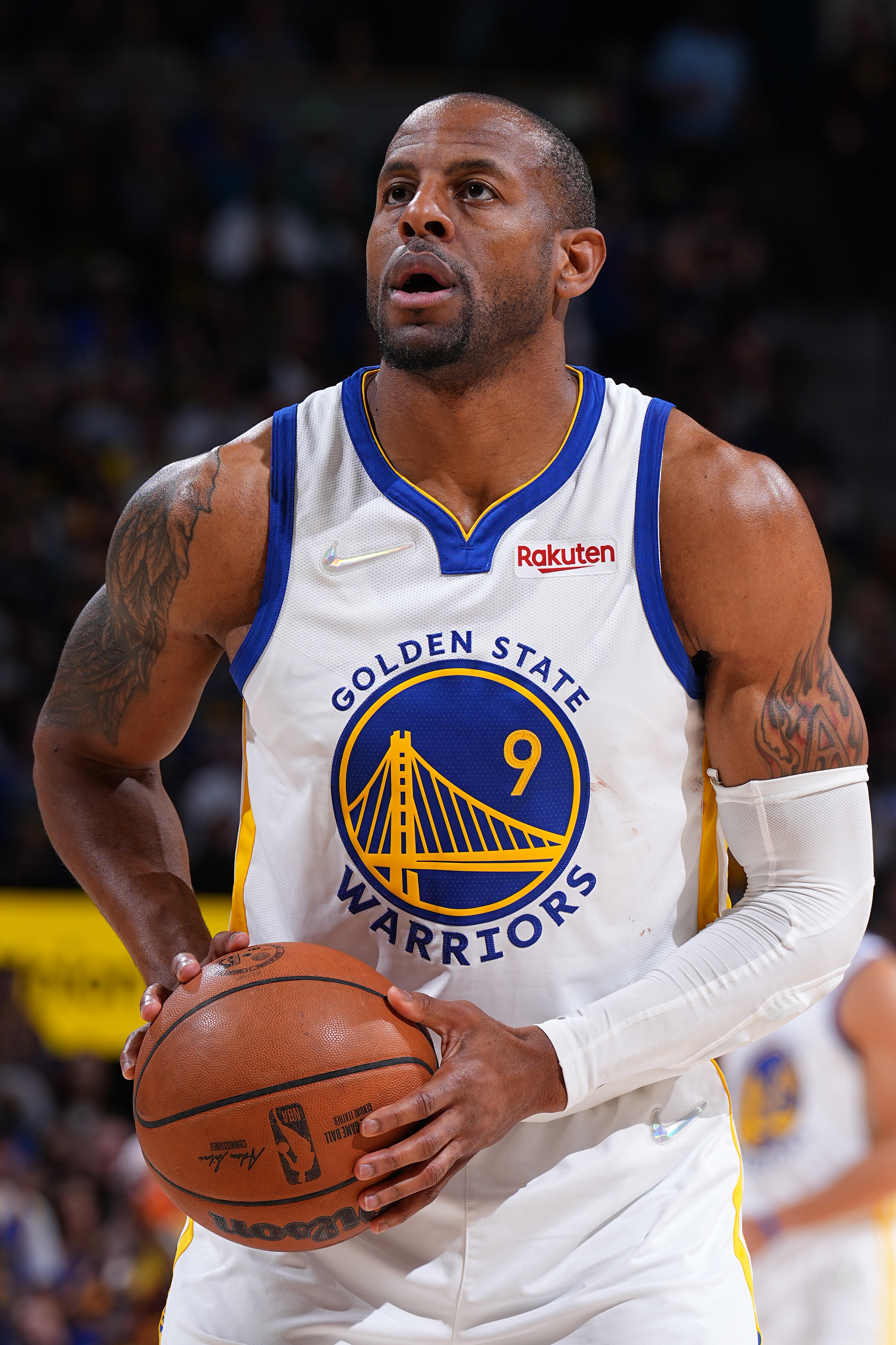 DENVER, CO - APRIL 21: Andre Iguodala #9 of the Golden State Warriors shoots a free throw against the Golden State Warriors during Round 1 Game 3 of the 2022 NBA Playoffs on April 21, 2022 at the Ball Arena in Denver, Colorado. NOTE TO USER: User expressly acknowledges and agrees that, by downloading and/or using this Photograph, user is consenting to the terms and conditions of the Getty Images License Agreement. Mandatory Copyright Notice: Copyright 2022 NBAE (Photo by Garrett Ellwood/NBAE via Getty Images)