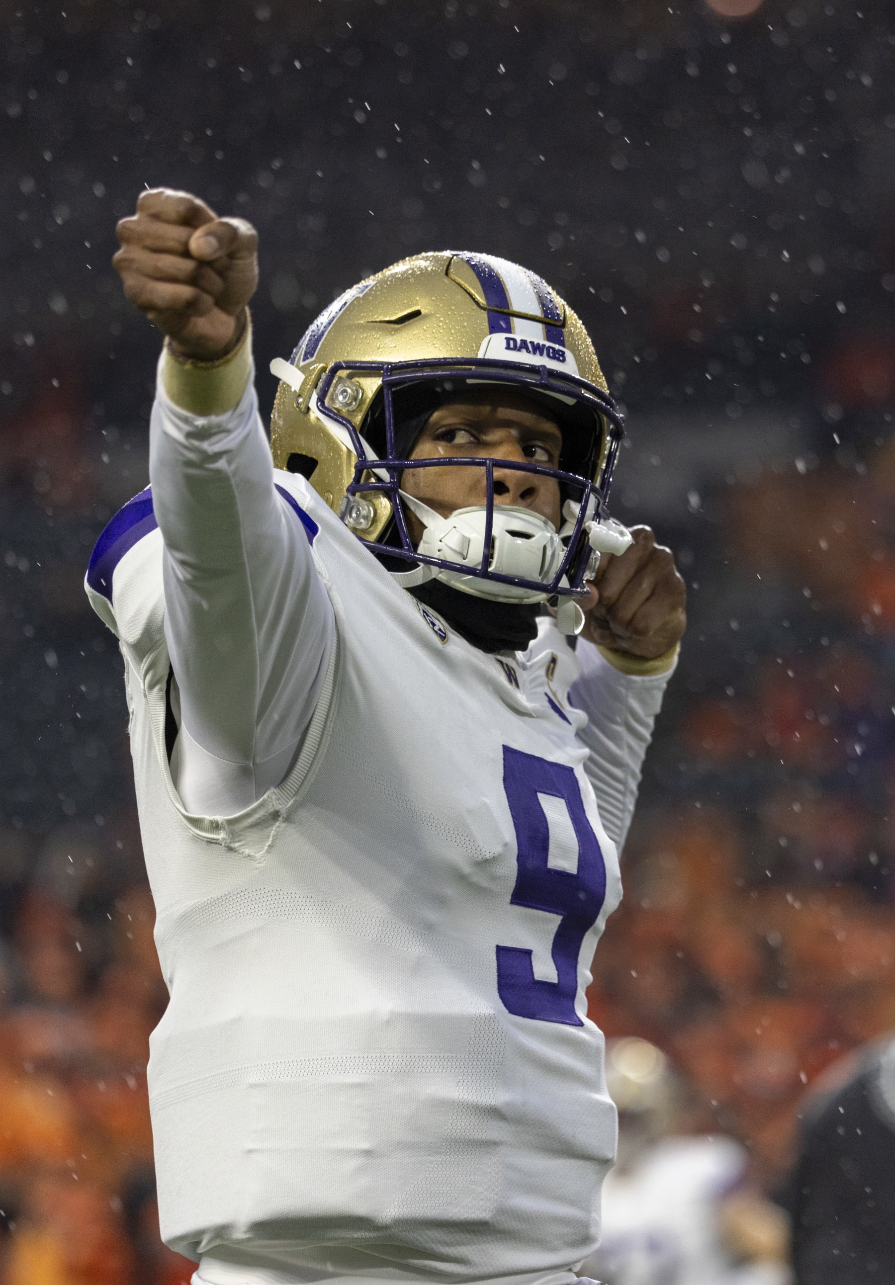CORVALLIS, OREGON - NOVEMBER 18: Quarterback Michael Penix Jr. #9 of the Washington Huskies warms up before their game against the Oregon State Beavers at Reser Stadium on November 18, 2023 in Corvallis, Oregon. (Photo by Tom Hauck/Getty Images)