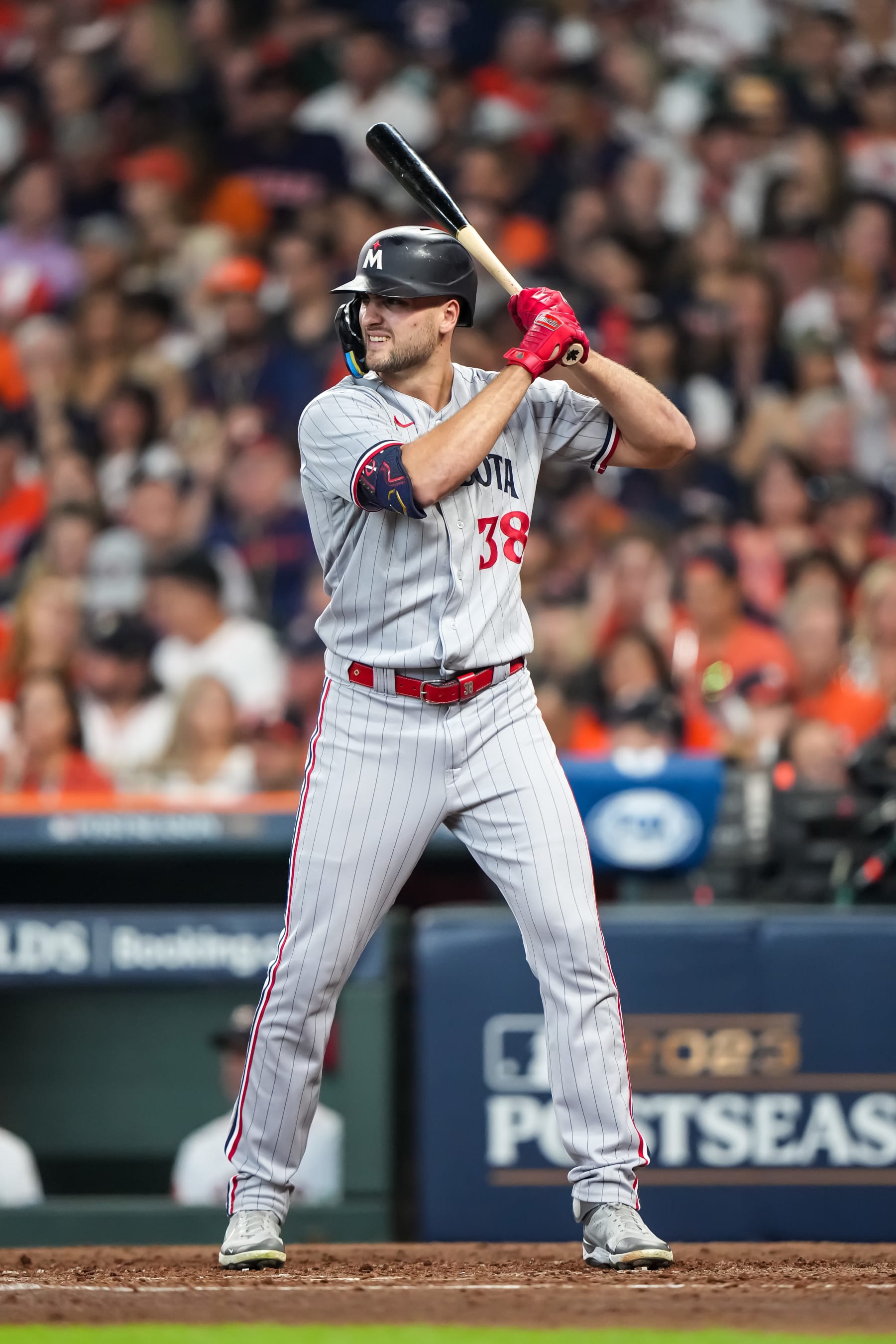 HOUSTON, TX - OCTOBER 07: Matt Wallner #38 of the Minnesota Twins bats during game one of the Division Series against the Houston Astros on October 7, 2023 at Minute Maid Park in Houston, Texas. (Photo by Brace Hemmelgarn/Minnesota Twins/Getty Images)