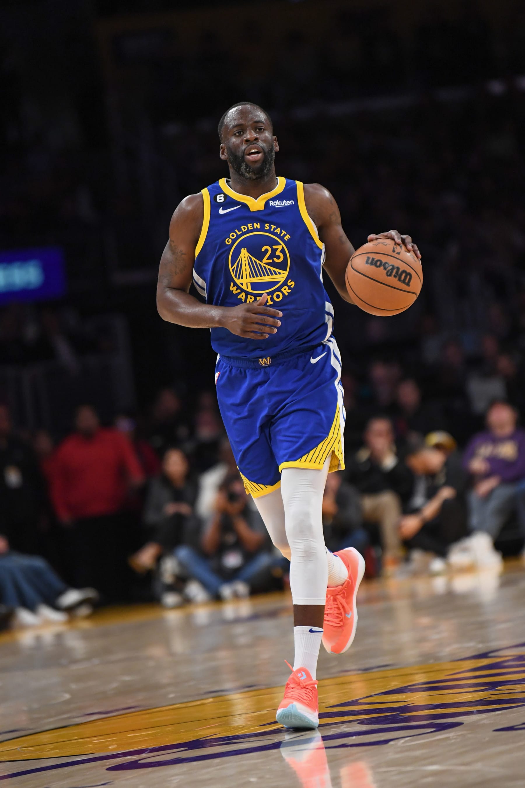 LOS ANGELES, CA - MAY 8:  Draymond Green #23 of the Golden State Warriors handles the ball during the game  during  round two game four of the 2023 NBA Playoffs on May 8, 2023 at Chase Center in Los Angeles, California. NOTE TO USER: User expressly acknowledges and agrees that, by downloading and or using this photograph, user is consenting to the terms and conditions of Getty Images License Agreement. Mandatory Copyright Notice: Copyright 2023 NBAE (Photo by Noah Graham/NBAE via Getty Images)