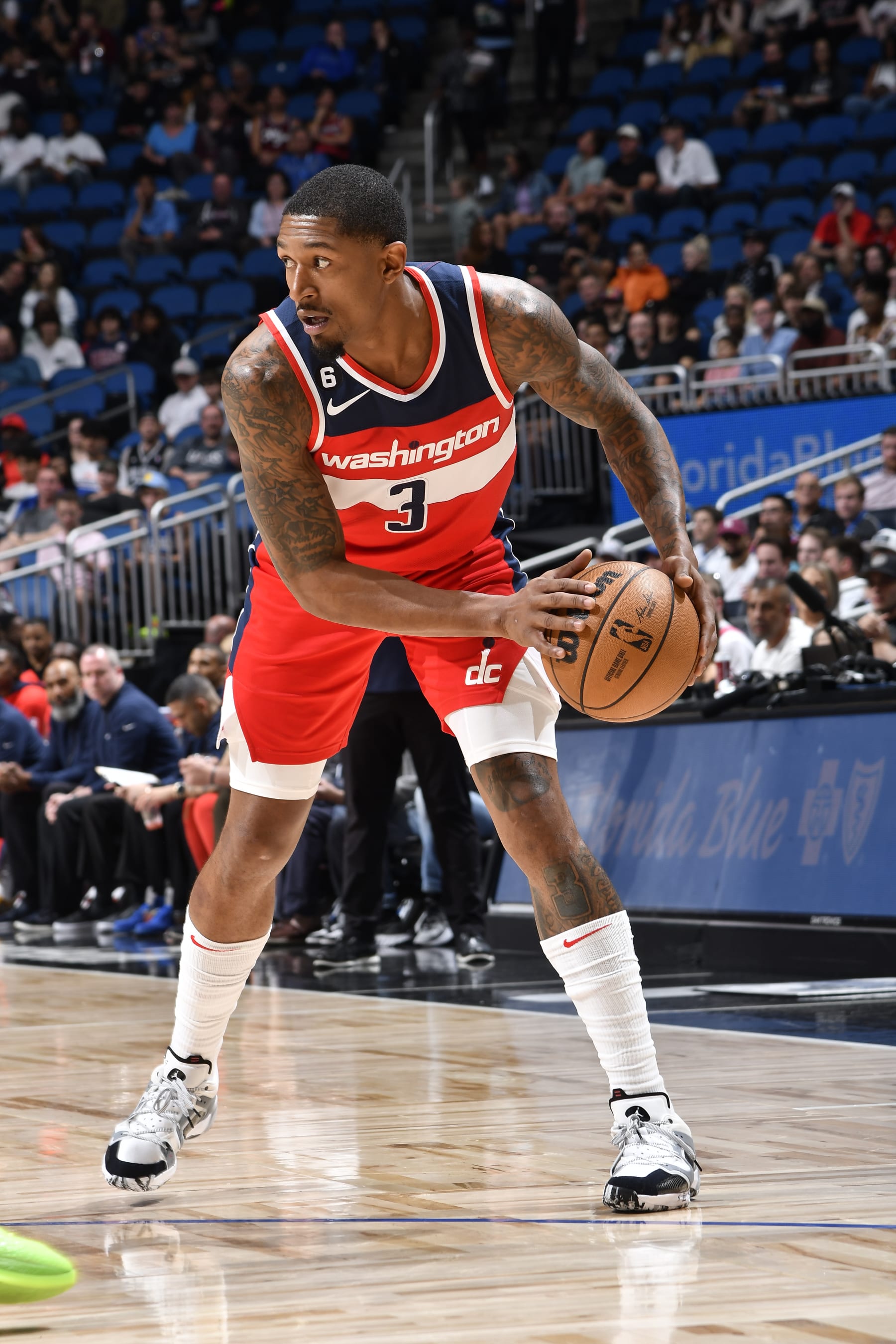 ORLANDO, FL - MARCH 21: Bradley Beal #3 of the Washington Wizards goes to the basket during the game on March 21, 2023 at Amway Center in Orlando, Florida. NOTE TO USER: User expressly acknowledges and agrees that, by downloading and or using this photograph, User is consenting to the terms and conditions of the Getty Images License Agreement. Mandatory Copyright Notice: Copyright 2023 NBAE (Photo by Fernando Medina/NBAE via Getty Images)