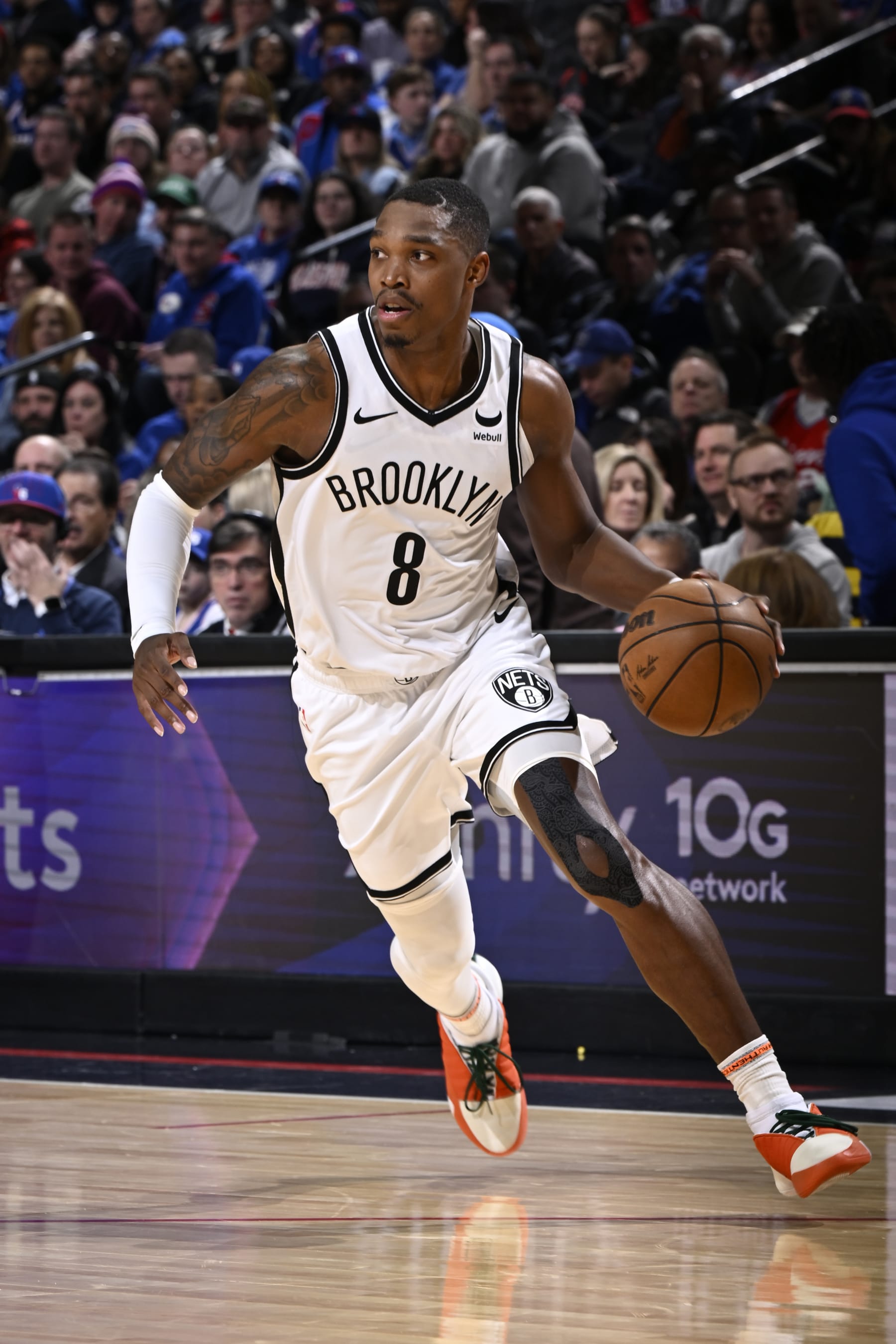 PHILADELPHIA, PA - FEBRUARY 3: Lonnie Walker IV #8 of the Brooklyn Nets handles the ball during the game  against the Philadelphia 76ers on February 3, 2024 at the Wells Fargo Center in Philadelphia, Pennsylvania NOTE TO USER: User expressly acknowledges and agrees that, by downloading and/or using this Photograph, user is consenting to the terms and conditions of the Getty Images License Agreement. Mandatory Copyright Notice: Copyright 2024 NBAE (Photo by David Dow/NBAE via Getty Images)