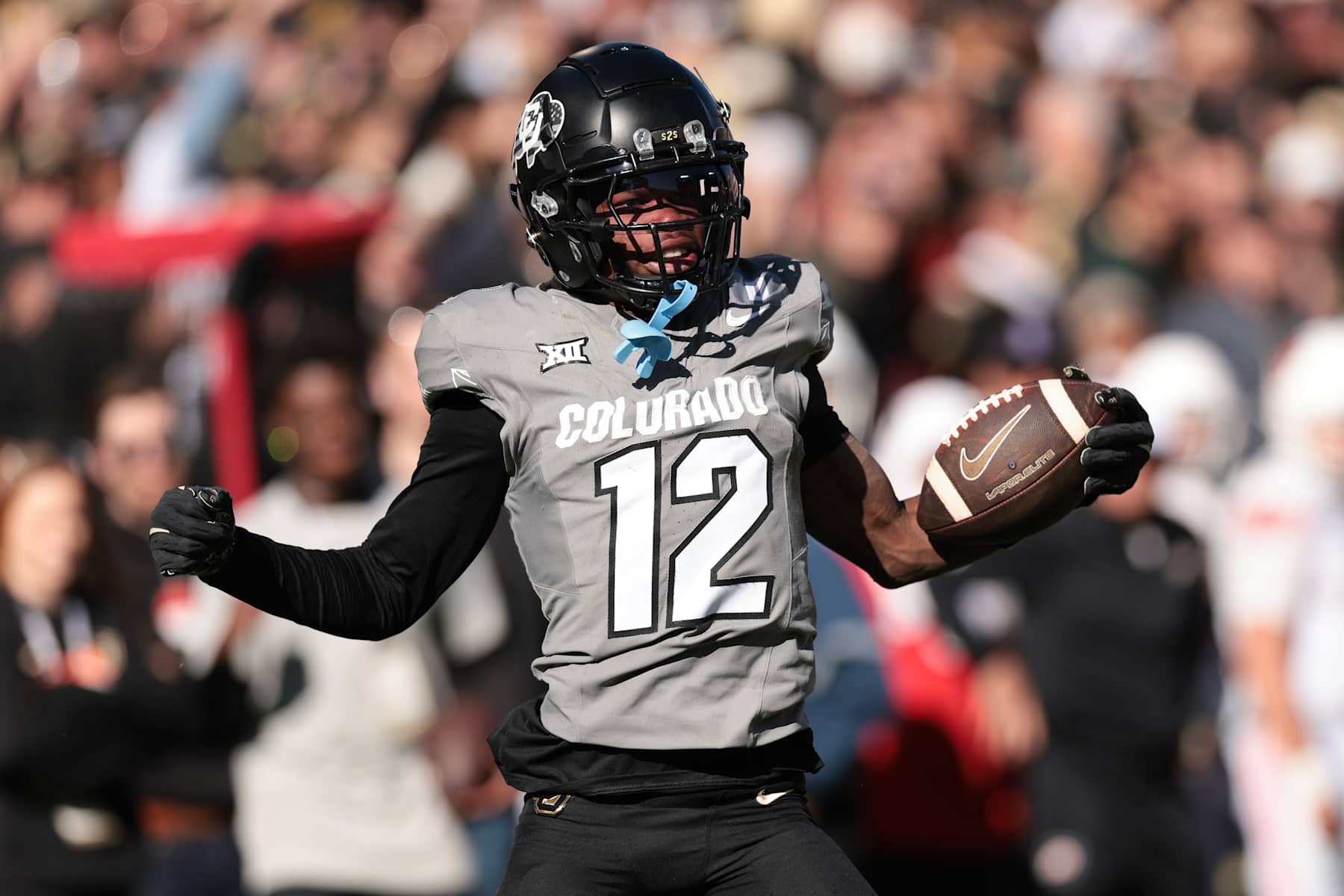 BOULDER, COLORADO - NOVEMBER 16: Travis Hunter #12 of Colorado Buffaloes celebrates catching a pass during the second quarter against the Utah Utes at Folsom Field on November 16, 2024 in Boulder, Colorado. (Photo by Andrew Wevers/Getty Images)