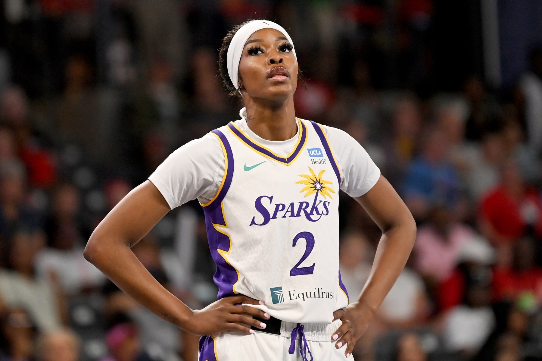 COLLEGE PARK, GEORGIA - JUNE 16: Rickea Jackson #2 of the Los Angeles Sparks looks on during the game against the Atlanta Dream on June 16, 2024 at Gateway Center Arena at College Park in Atlanta, Georgia. NOTE TO USER: User expressly acknowledges and agrees that, by downloading and or using this photograph, User is consenting to the terms and conditions of the Getty Images License Agreement.  (Photo by Paras Griffin/Getty Images)