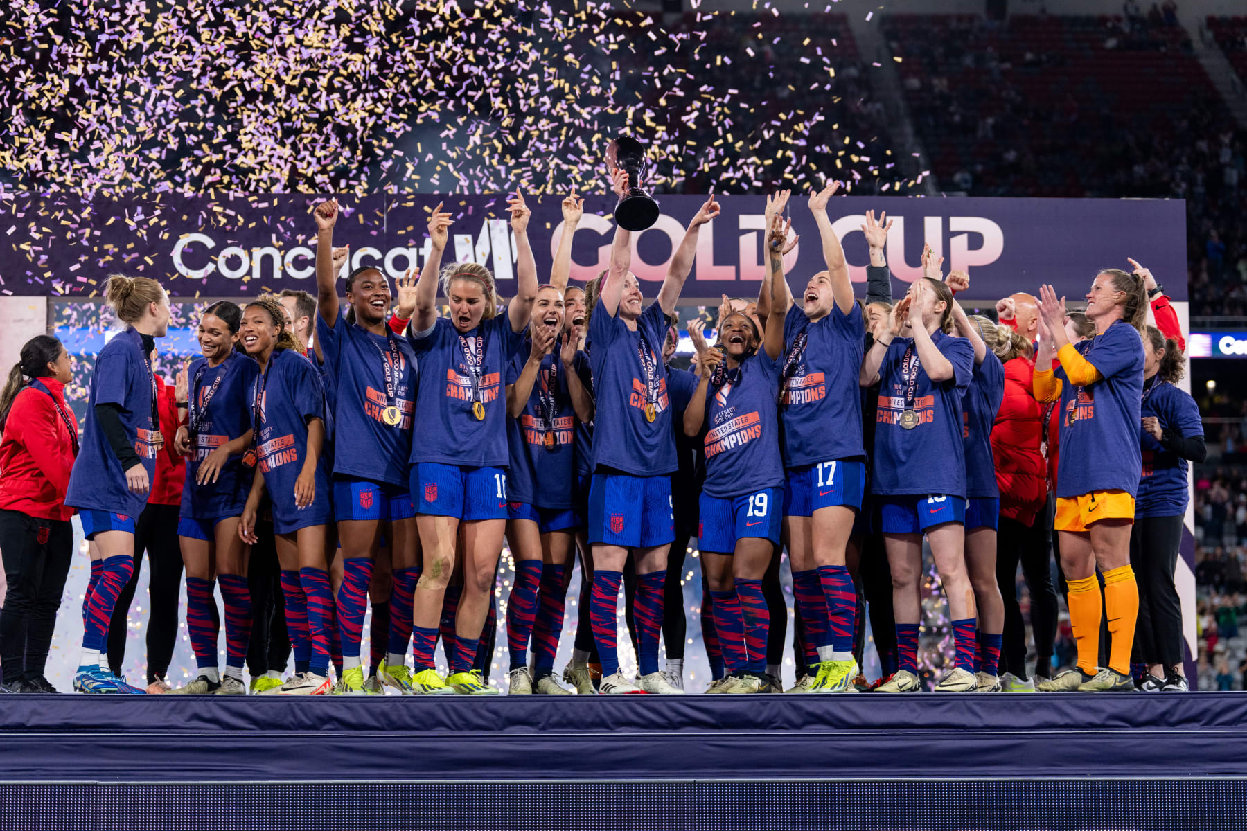 SAN DIEGO, CA - MARCH 10: Becky Sauerbrunn #5 of the United States holds the trophy aloft after the 2024 Concacaf W Gold Cup Final between Brazil and the United States at Snapdragon Stadium on March 10, 2024 in San Diego, California. (Photo by Brad Smith/ISI Photos/USSF/Getty Images for USSF)