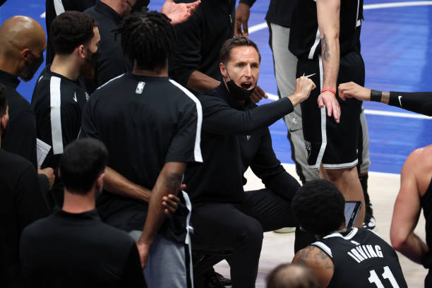 DALLAS, TEXAS - MAY 06:  Head coach Steve Nash of the Brooklyn Nets during play against the Dallas Mavericks in the first quarter at American Airlines Center on May 06, 2021 in Dallas, Texas.  NOTE TO USER: User expressly acknowledges and agrees that, by downloading and or using this photograph, User is consenting to the terms and conditions of the Getty Images License Agreement. (Photo by Ronald Martinez/Getty Images)