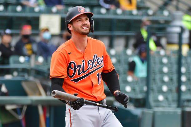 BRADENTON, FLORIDA - MARCH 22: Trey Mancini #16 of the Baltimore Orioles reacts after a foul off of Mitch Keller of the Pittsburgh Pirates in the first inning during a spring training game on March 22, 2021 at LECOM Park in Bradenton, Florida. (Photo by Julio Aguilar/Getty Images)