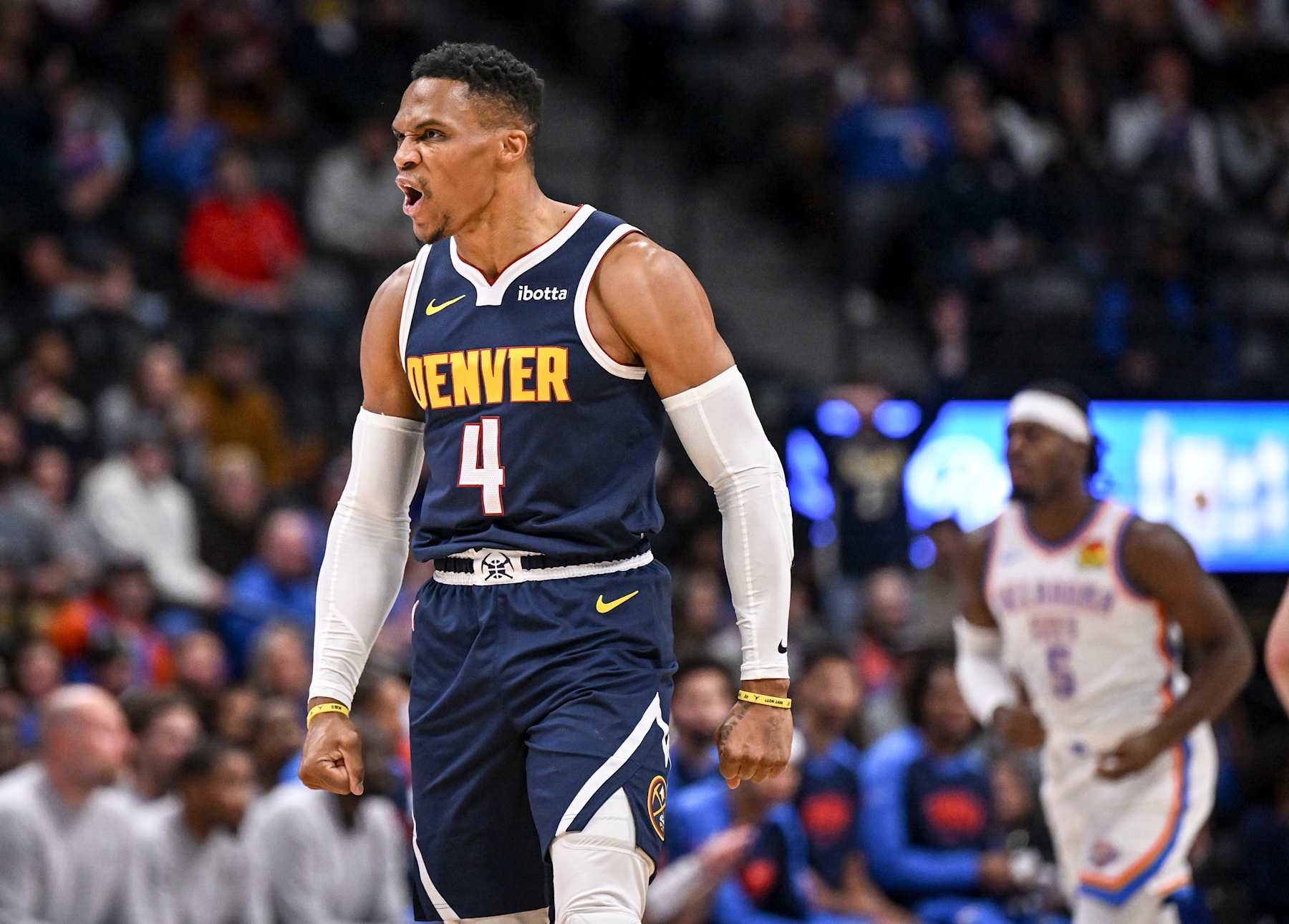 DENVER, CO - NOVEMBER 6: Russell Westbrook (4) of the Denver Nuggets reacts after making a three pointer against the Oklahoma City Thunderduring the first quarter at Ball Arena in Denver, Colorado on Wednesday, November 6, 2024. (Photo by AAron Ontiveroz/The Denver Post)