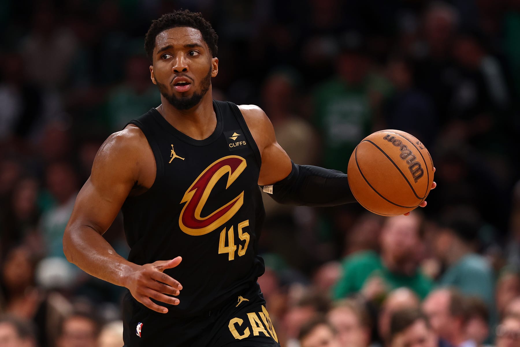 BOSTON, MASSACHUSETTS - MAY 07: Donovan Mitchell #45 of the Cleveland Cavaliers dribbles against the Boston Celtics during Game One of the Eastern Conference Second Round Playoffs against the Cleveland Cavaliers at TD Garden on May 07, 2024 in Boston, Massachusetts. (NOTE TO USER: User expressly acknowledges and agrees that, by downloading and or using this photograph, User is consenting to the terms and conditions of the Getty Images License Agreement.  (Photo by Maddie Meyer/Getty Images)