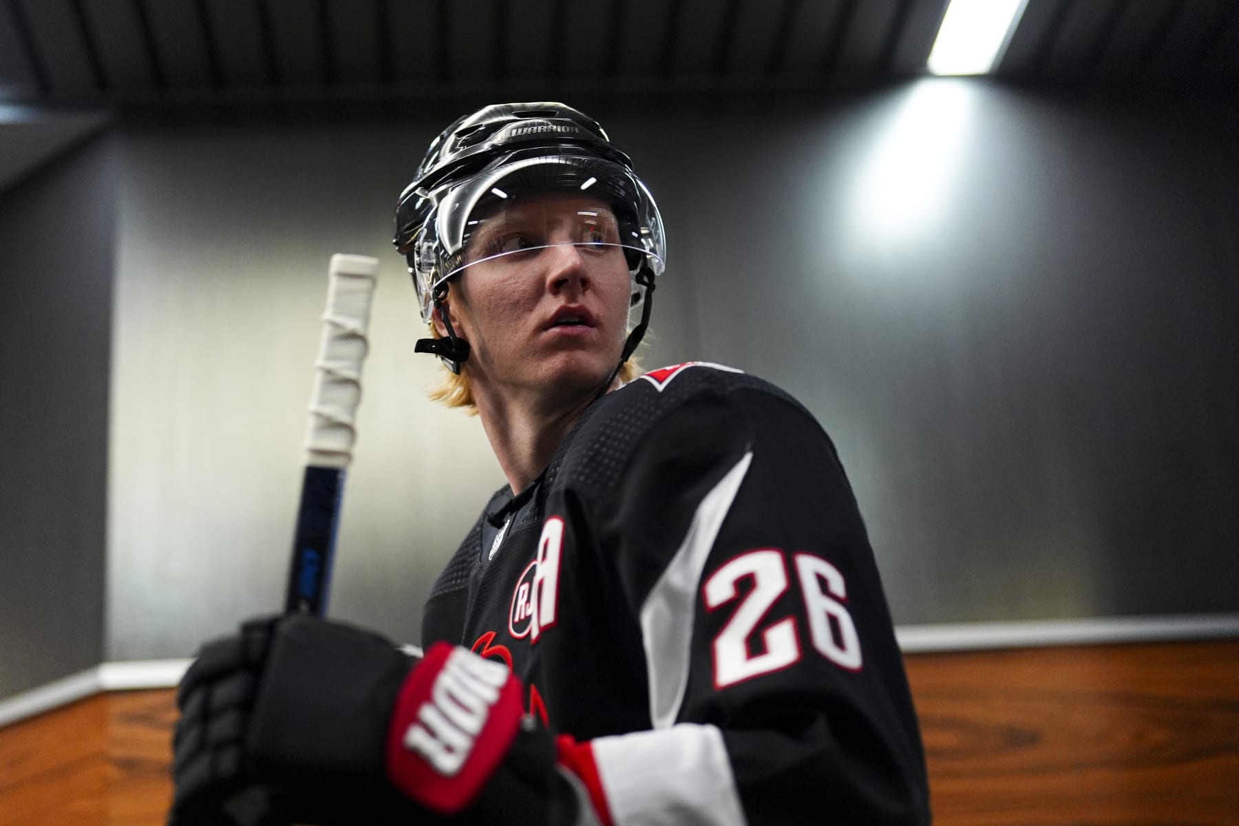 BUFFALO, NEW YORK - MARCH 30: Rasmus Dahlin #26 of the Buffalo Sabres leaves the locker room before the NHL game against the Toronto Maple Leafs on March 30, 2024 at KeyBank Center in Buffalo, New York. (Photo by Ben Ludeman/NHLI via Getty Images)