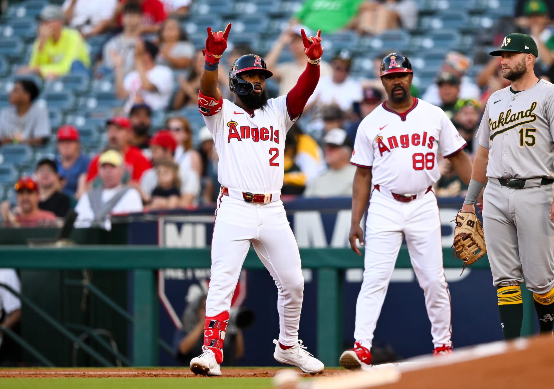 ANAHEIM, CALIFORNIA - JULY 26:  Luis Rengifo #2 of Los Angeles Angels reacts after hitting a single in the bottom of the first inning during the regular season game against the Oakland Athletics at Angel Stadium of Anaheim on July 26, 2024 in Anaheim, California. (Photo by Gene Wang/Getty Images)