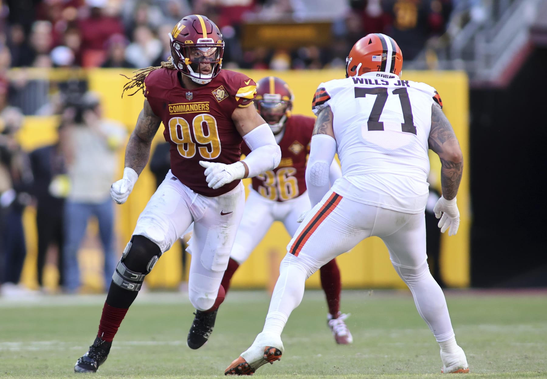 Washington Commanders defensive end Chase Young (99) runs during an NFL football game against the Cleveland Browns, Sunday, January 01, 2023 in Landover. (AP Photo/Daniel Kucin Jr.)