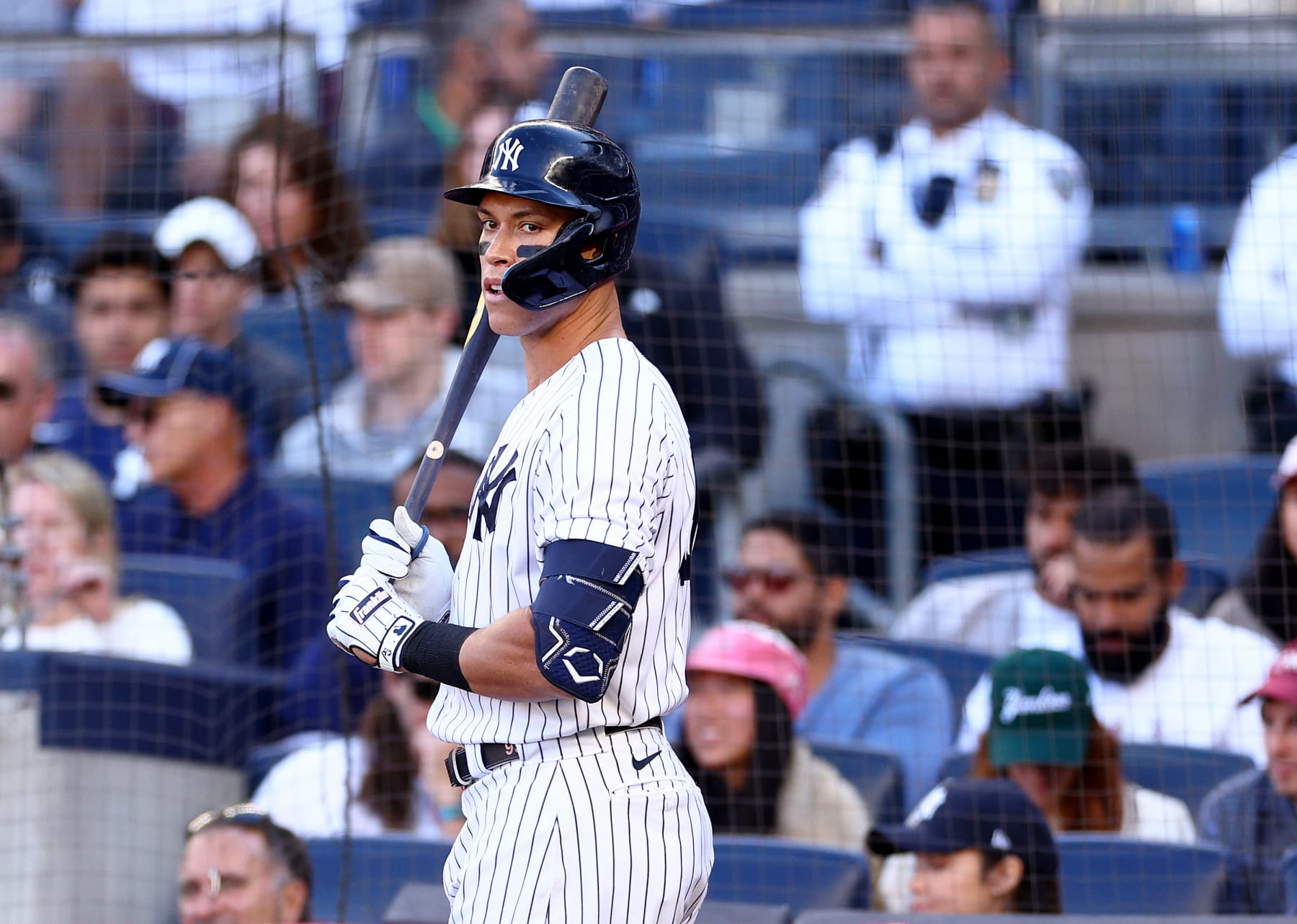 NEW YORK, NEW YORK - SEPTEMBER 24:  Aaron Judge #99 of the New York Yankees stands on the on deck circle during the game against the Boston Red Sox at Yankee Stadium on September 24, 2022 in the Bronx borough of New York City. The New York Yankees defeated the Boston Red Sox 7-5. (Photo by Elsa/Getty Images)