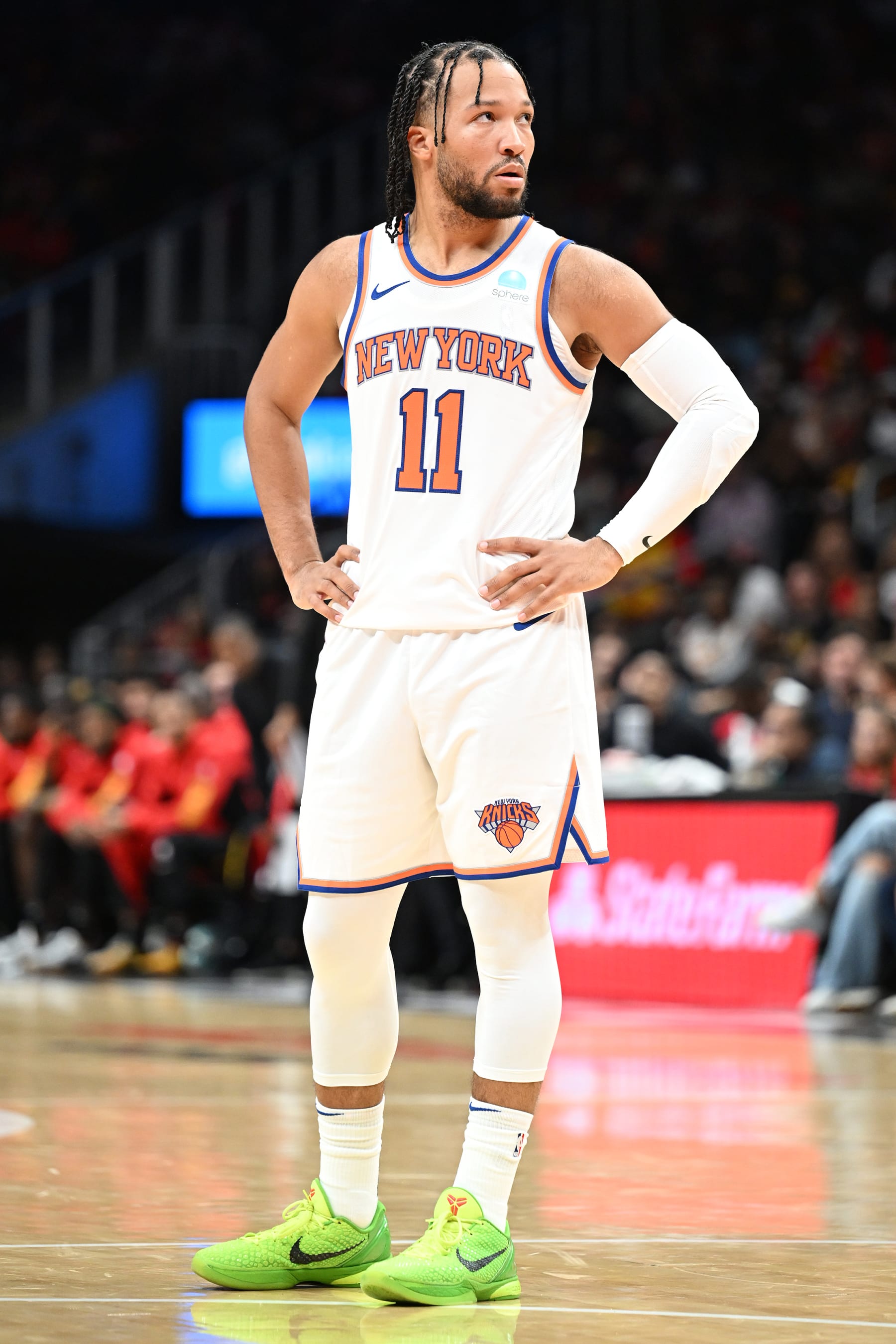 ATLANTA, GA - OCTOBER 27: Jalen Brunson #11 of the New York Knicks looks on during the game against the Atlanta Hawks on October 27, 2023 at State Farm Arena in Atlanta, Georgia.  NOTE TO USER: User expressly acknowledges and agrees that, by downloading and/or using this Photograph, user is consenting to the terms and conditions of the Getty Images License Agreement. Mandatory Copyright Notice: Copyright 2023 NBAE (Photo by Adam Hagy/NBAE via Getty Images)