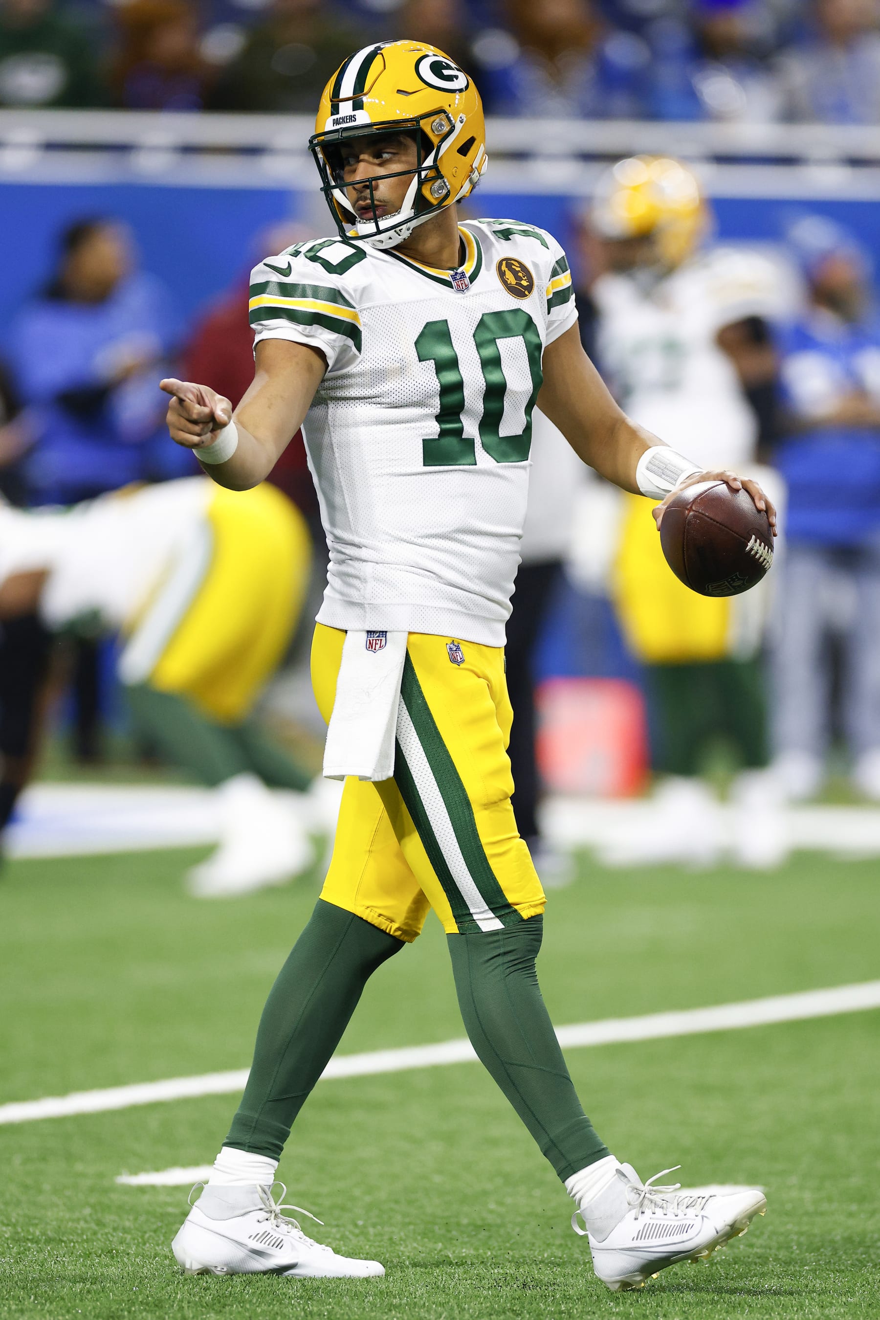 DETROIT, MICHIGAN - NOVEMBER 23: Jordan Love #10 of the Green Bay Packers warms up prior to a game against the Detroit Lions at Ford Field on November 23, 2023 in Detroit, Michigan. (Photo by Mike Mulholland/Getty Images)