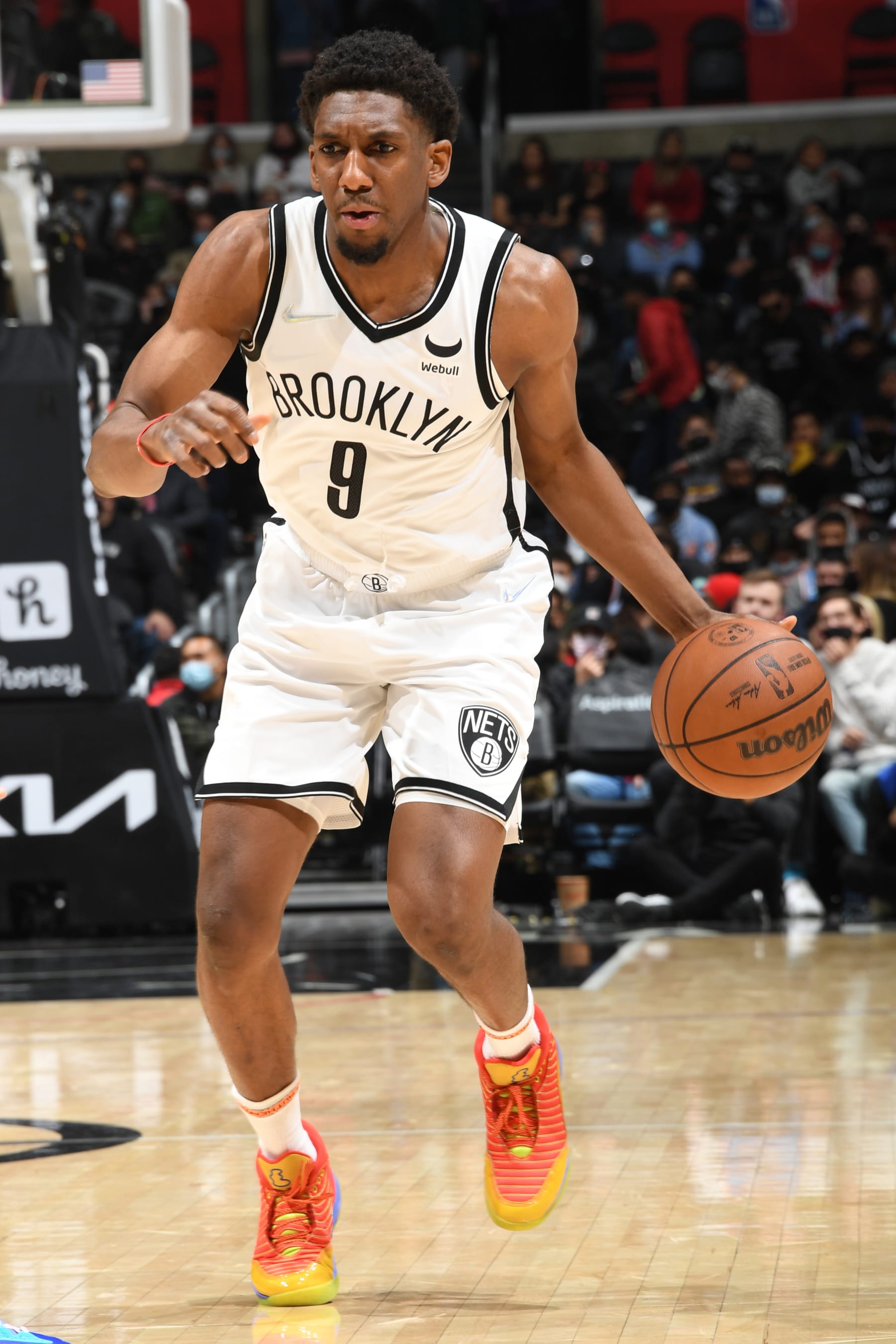 LOS ANGELES, CA - DECEMBER 27: Langston Galloway #9 of the Brooklyn Nets dribbles the ball during the game against the LA Clippers on December 27, 2021 at Crypto.Com Arena in Los Angeles, California. NOTE TO USER: User expressly acknowledges and agrees that, by downloading and/or using this Photograph, user is consenting to the terms and conditions of the Getty Images License Agreement. Mandatory Copyright Notice: Copyright 2021 NBAE (Photo by Andrew D. Bernstein/NBAE via Getty Images)