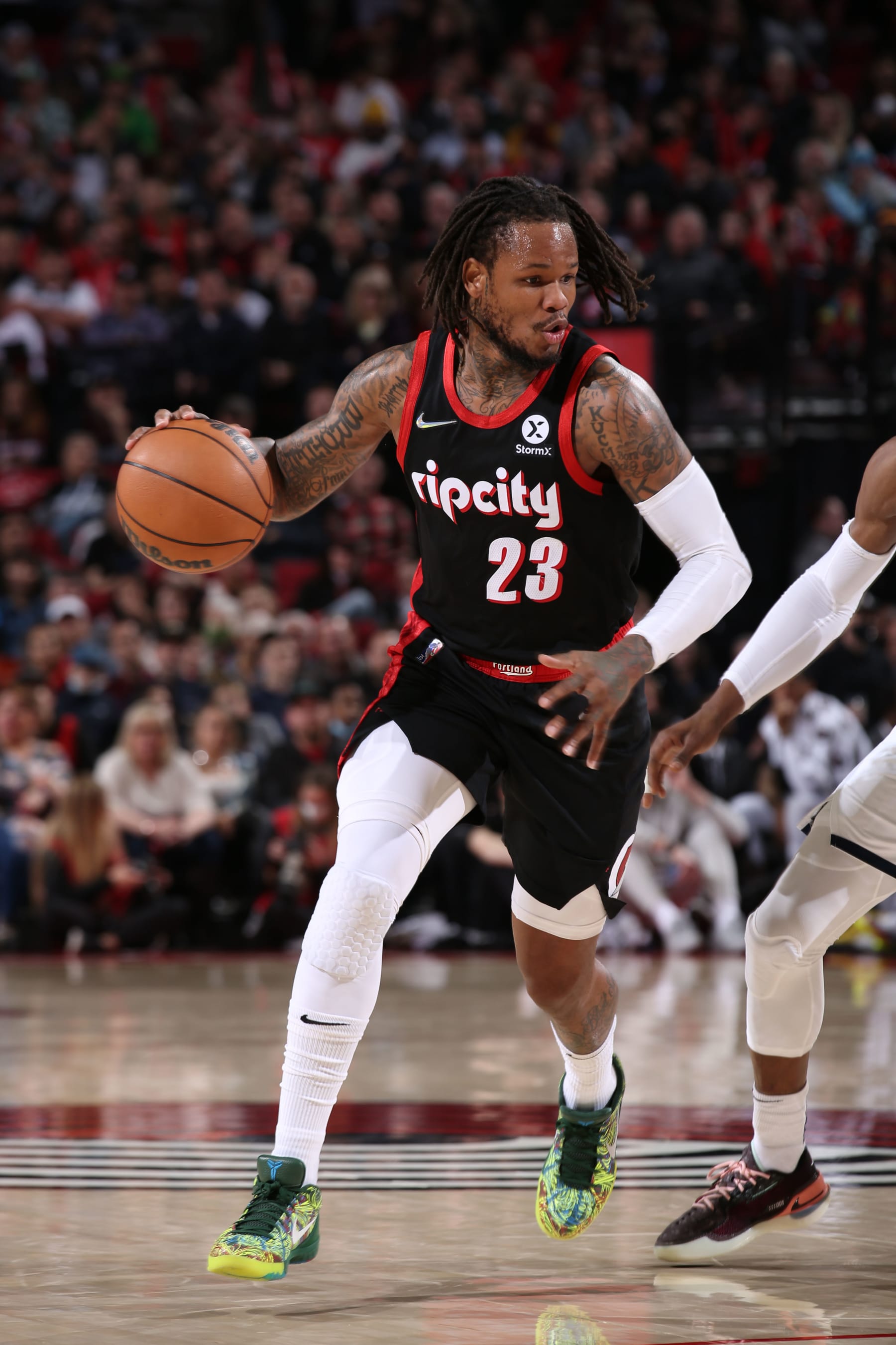 PORTLAND, OR - APRIL 10: Ben McLemore #23 of the Portland Trail Blazers dribbles the ball during the game against the Utah Jazz on April 10, 2022 at the Moda Center Arena in Portland, Oregon. NOTE TO USER: User expressly acknowledges and agrees that, by downloading and or using this photograph, user is consenting to the terms and conditions of the Getty Images License Agreement. Mandatory Copyright Notice: Copyright 2022 NBAE (Photo by Cameron Browne/NBAE via Getty Images)