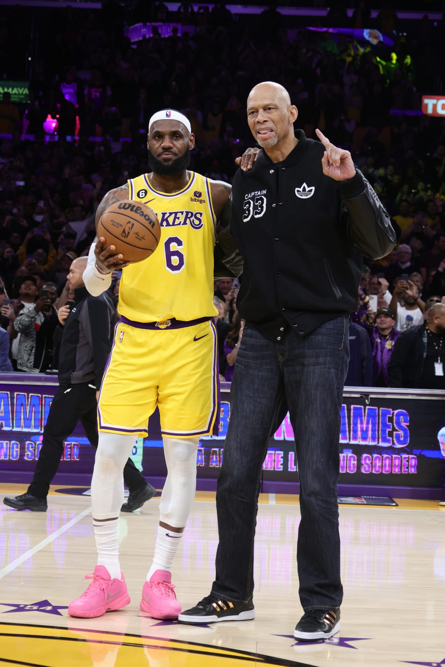 LOS ANGELES, CA - FEBRUARY 7: LeBron James #6 of the Los Angeles Lakers poses for a photo with Kareem Abdul-Jabbar after breaking his all time scoring record of 38,387 points during the game against the Oklahoma City Thunder on February 7, 2023 at Crypto.Com Arena in Los Angeles, California. NOTE TO USER: User expressly acknowledges and agrees that, by downloading and/or using this Photograph, user is consenting to the terms and conditions of the Getty Images License Agreement. Mandatory Copyright Notice: Copyright 2023 NBAE (Photo by Nathaniel S. Butler/NBAE via Getty Images)