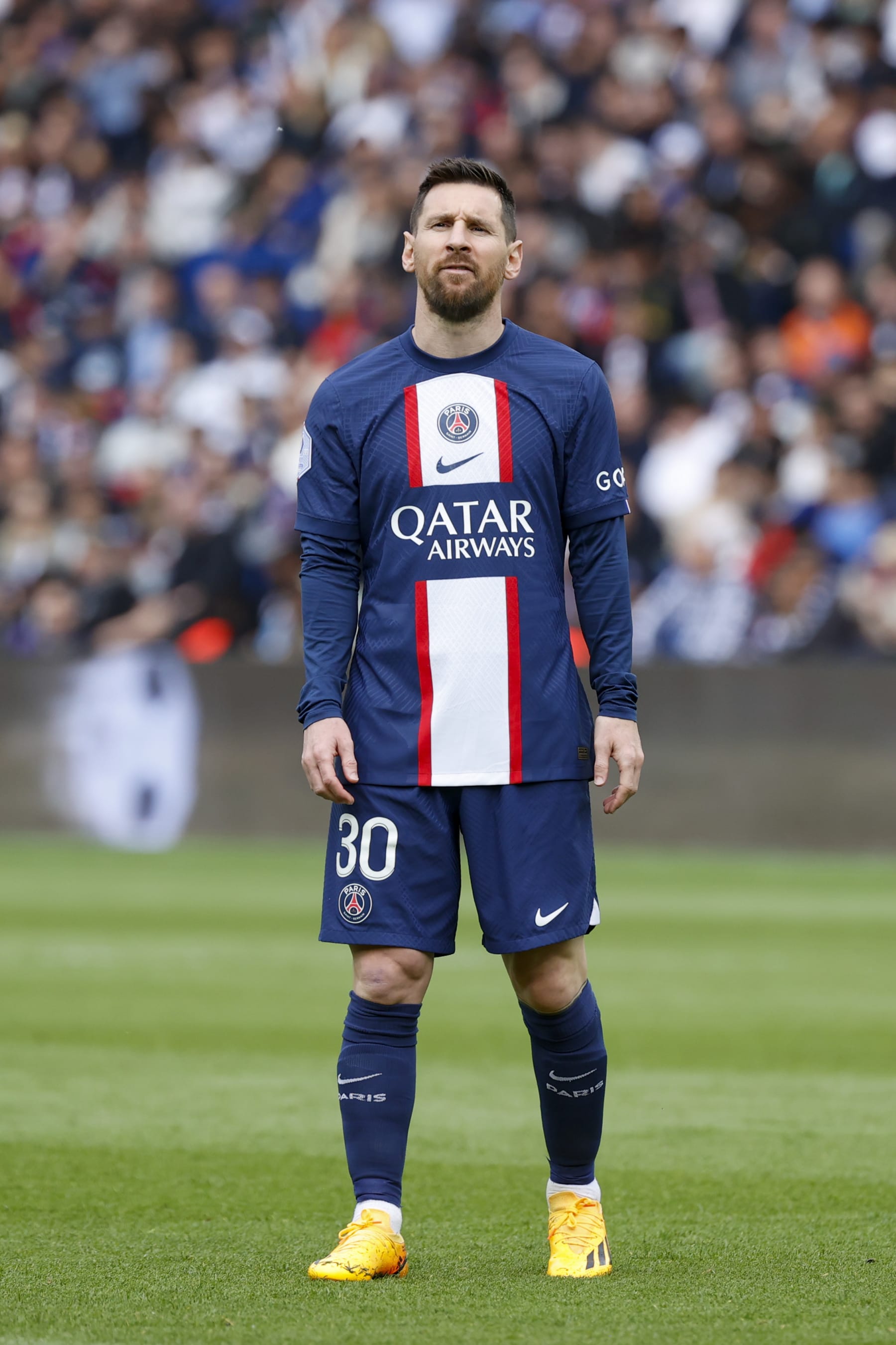PARIS, FRANCE - APRIL 30: Lionel Messi #30 of Paris Saint-Germain looks on during the Ligue 1 match between Paris Saint-Germain and FC Lorient at Parc des Princes on April 30, 2023 in Paris, France. (Photo by Catherine Steenkeste/Getty Images)