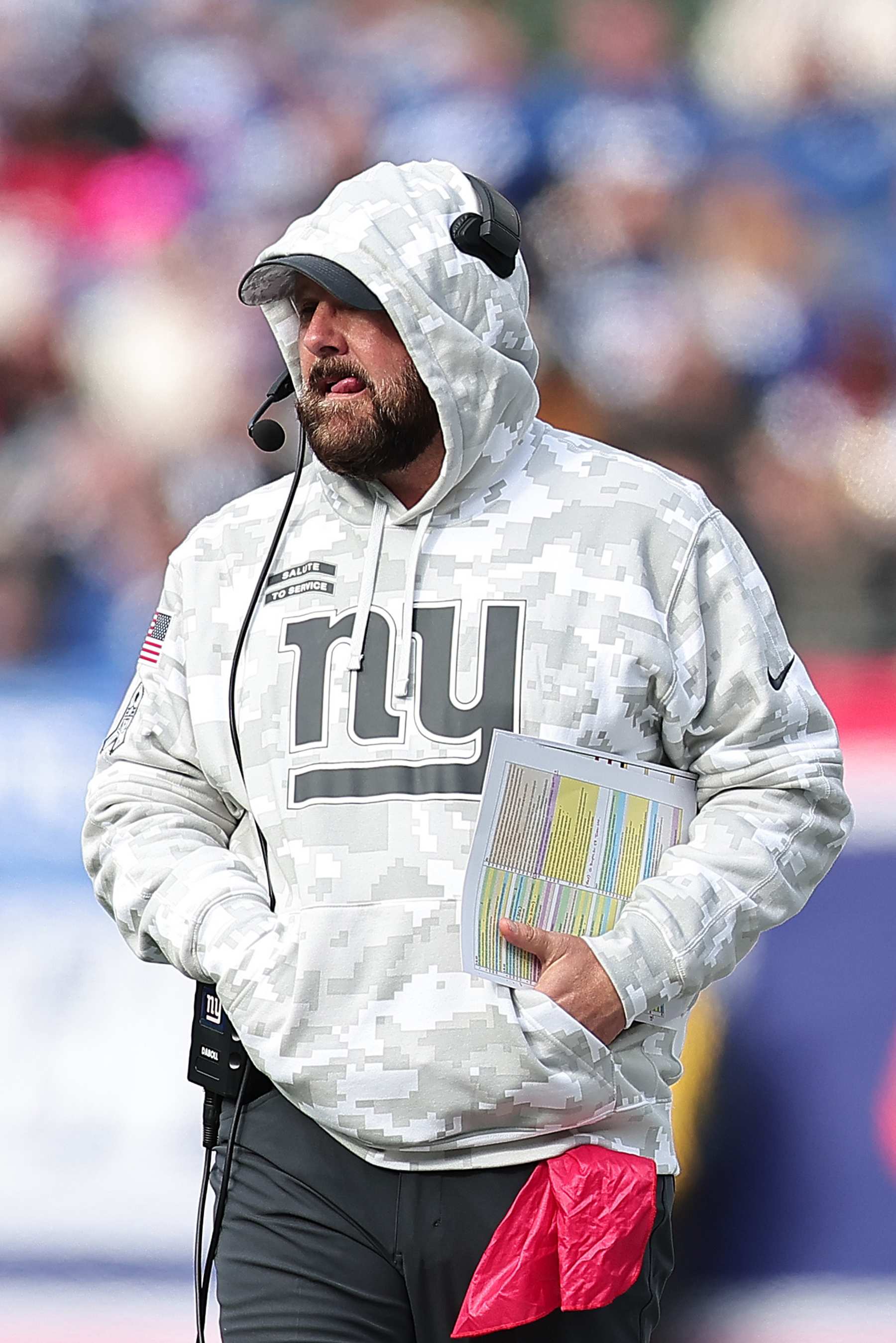 EAST RUTHERFORD, NEW JERSEY - NOVEMBER 24: Head coach Brian Daboll of the New York Giants looks on during the first quarter against the Tampa Bay Buccaneers at MetLife Stadium on November 24, 2024 in East Rutherford, New Jersey. (Photo by Dustin Satloff/Getty Images)