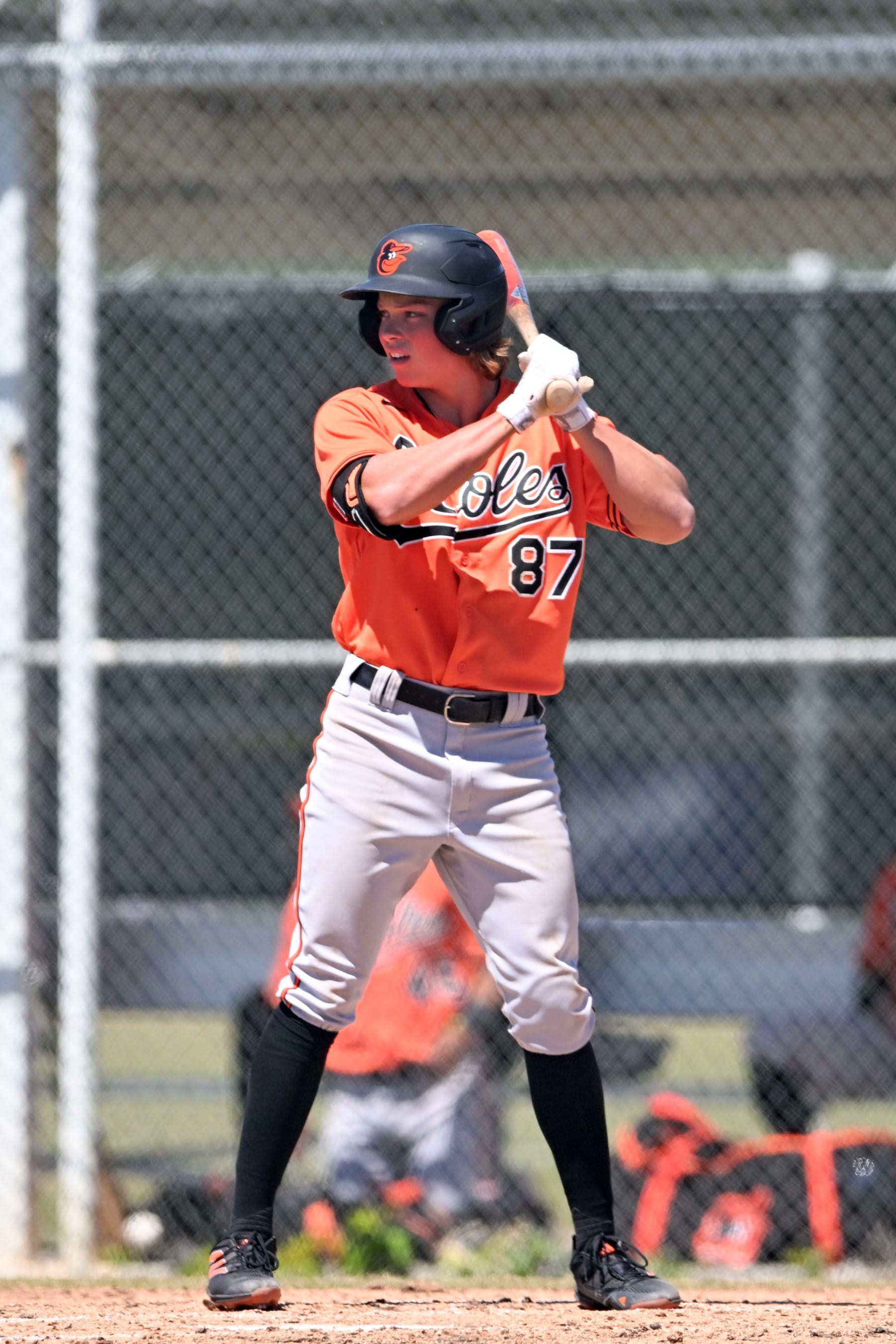SARASOTA, FLORIDA - MARCH 21, 2023: Jackson Holliday #87 of the Baltimore Orioles bats during a minor league spring training game against the Atlanta Braves at the Buck ONeil Baseball Complex on March 21, 2023 in Sarasota, Florida. (Photo by Nick Cammett/Diamond Images via Getty Images)