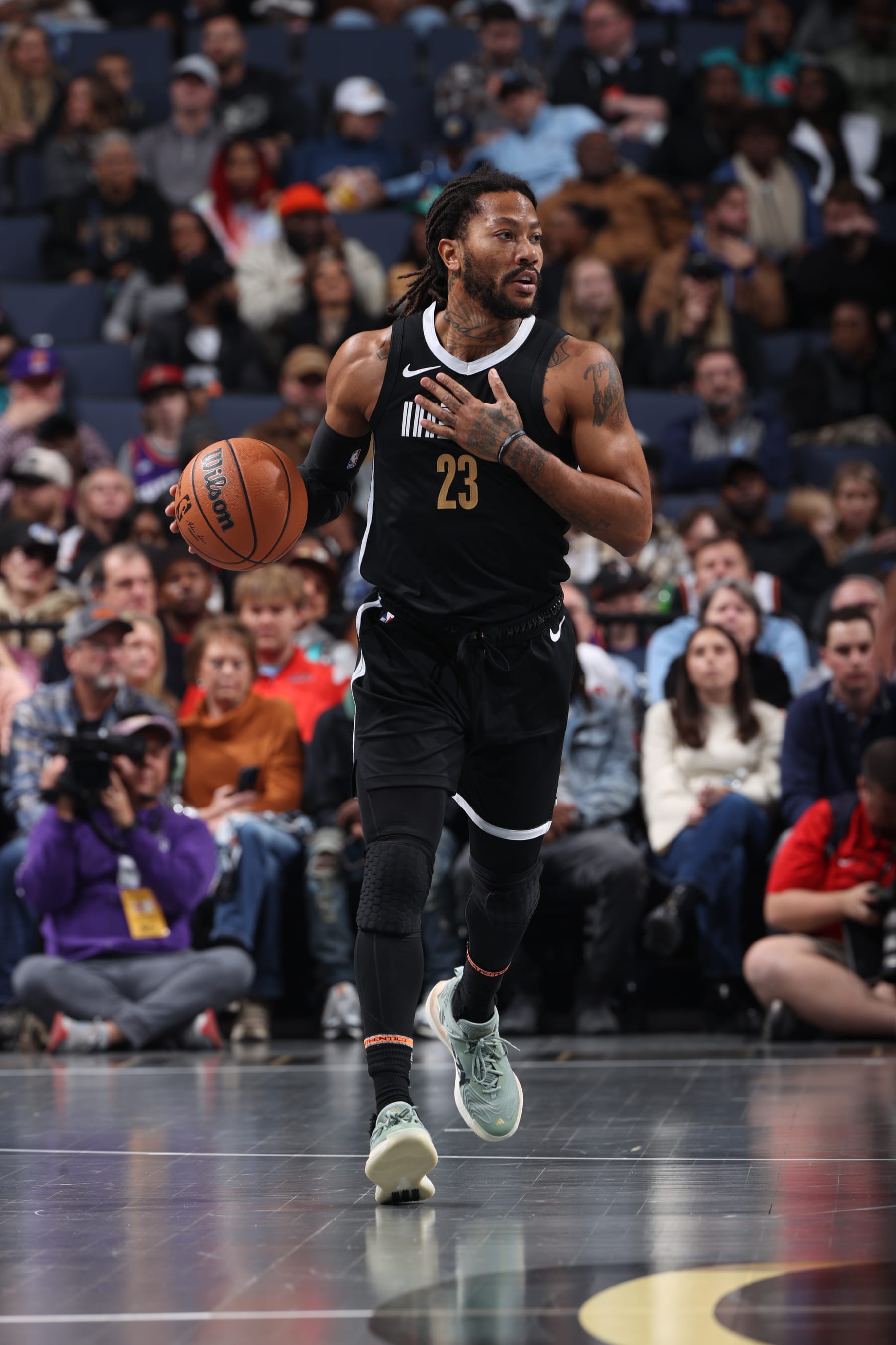 MEMPHIS, TN - NOVEMBER 24: Derrick Rose #23 of the Memphis Grizzlies brings the ball up court against the Phoenix Suns during the In-Season Tournament on NOVEMBER 24, 2023 at FedExForum in Memphis, Tennessee. NOTE TO USER: User expressly acknowledges and agrees that, by downloading and or using this photograph, User is consenting to the terms and conditions of the Getty Images License Agreement. Mandatory Copyright Notice: Copyright 2023 NBAE (Photo by Joe Murphy/NBAE via Getty Images) MEMPHIS, TN - NOVEMBER 24: Derrick Rose #23 of the Memphis Grizzlies brings the ball up court against the Phoenix Suns during the In-Season Tournament on NOVEMBER 24, 2023 at FedExForum in Memphis, Tennessee. NOTE TO USER: User expressly acknowledges and agrees that, by downloading and or using this photograph, User is consenting to the terms and conditions of the Getty Images License Agreement. Mandatory Copyright Notice: Copyright 2023 NBAE (Photo by Joe Murphy/NBAE via Getty Images)