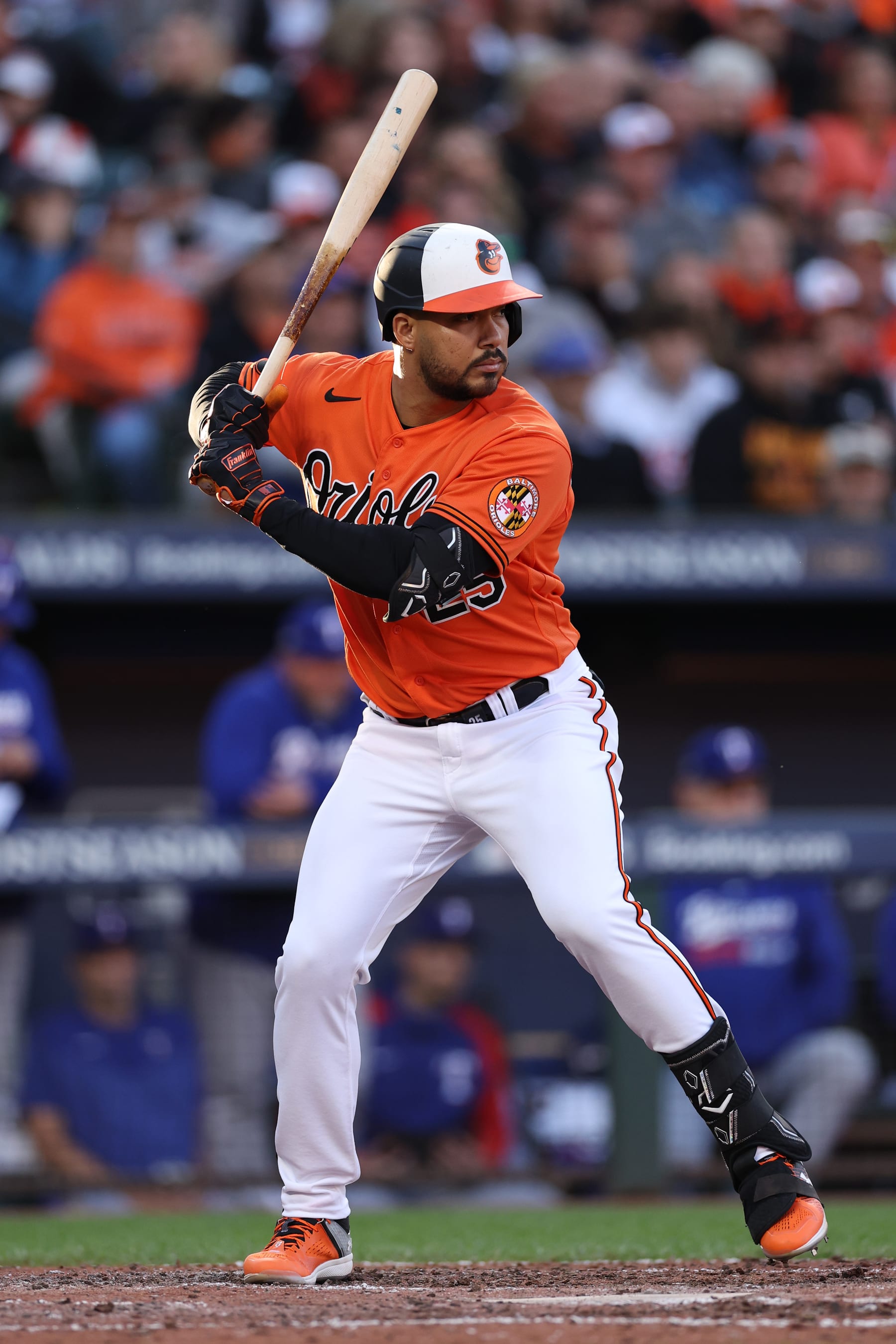BALTIMORE, MARYLAND - OCTOBER 08: Anthony Santander #25 of the Baltimore Orioles bats against the Texas Rangers during Game Two of the American League Division Series at Oriole Park at Camden Yards on October 08, 2023 in Baltimore, Maryland. (Photo by Patrick Smith/Getty Images)