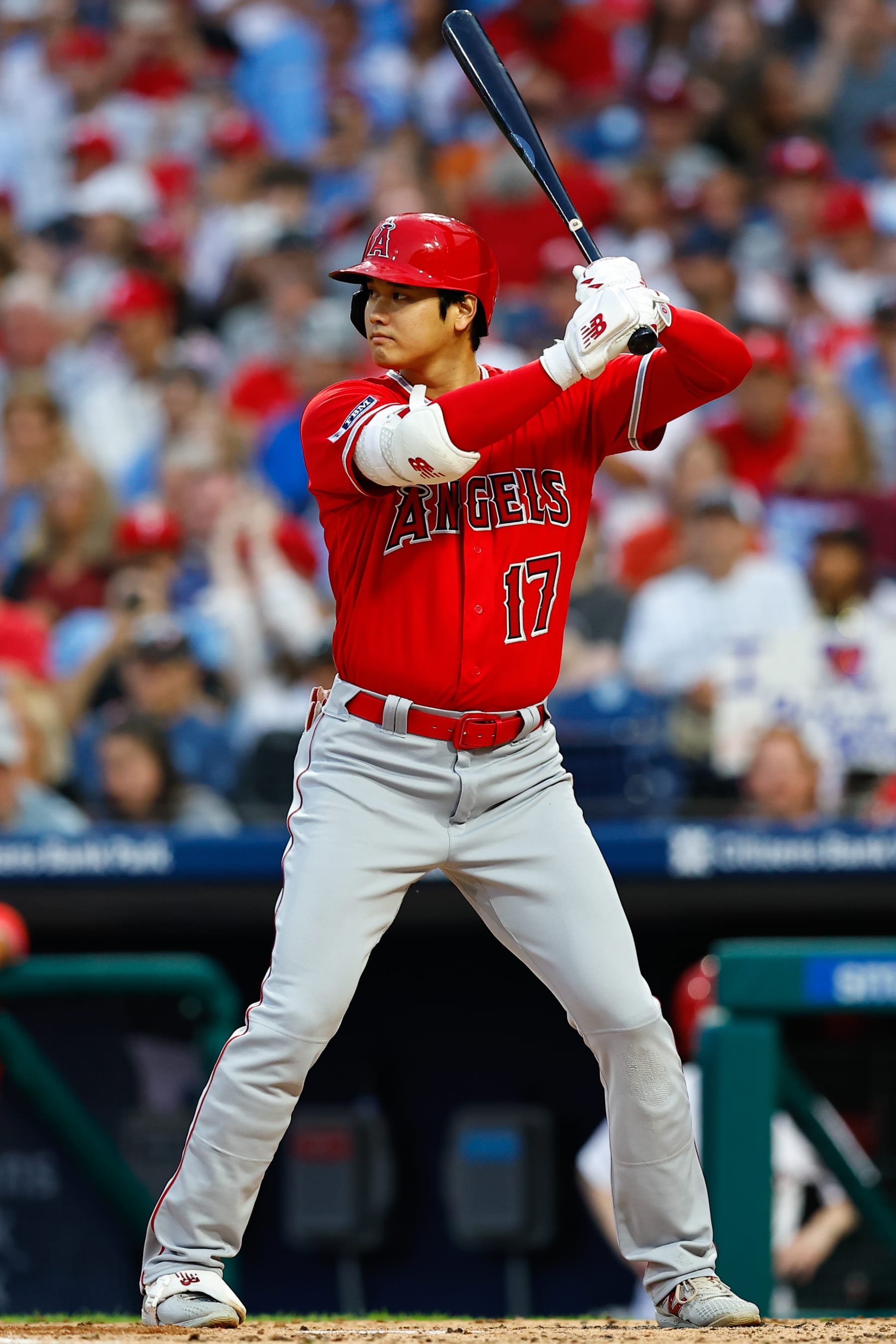 PHILADELPHIA, PA - AUGUST 28:  Shohei Ohtani #17 of the Los Angeles Angels at bat during the Major League Baseball game against the Philadelphia Phillies  on August 28, 2023 at Citizens Bank Park in Philadelphia, Pennsylvania.  (Photo by Rich Graessle/Icon Sportswire via Getty Images)