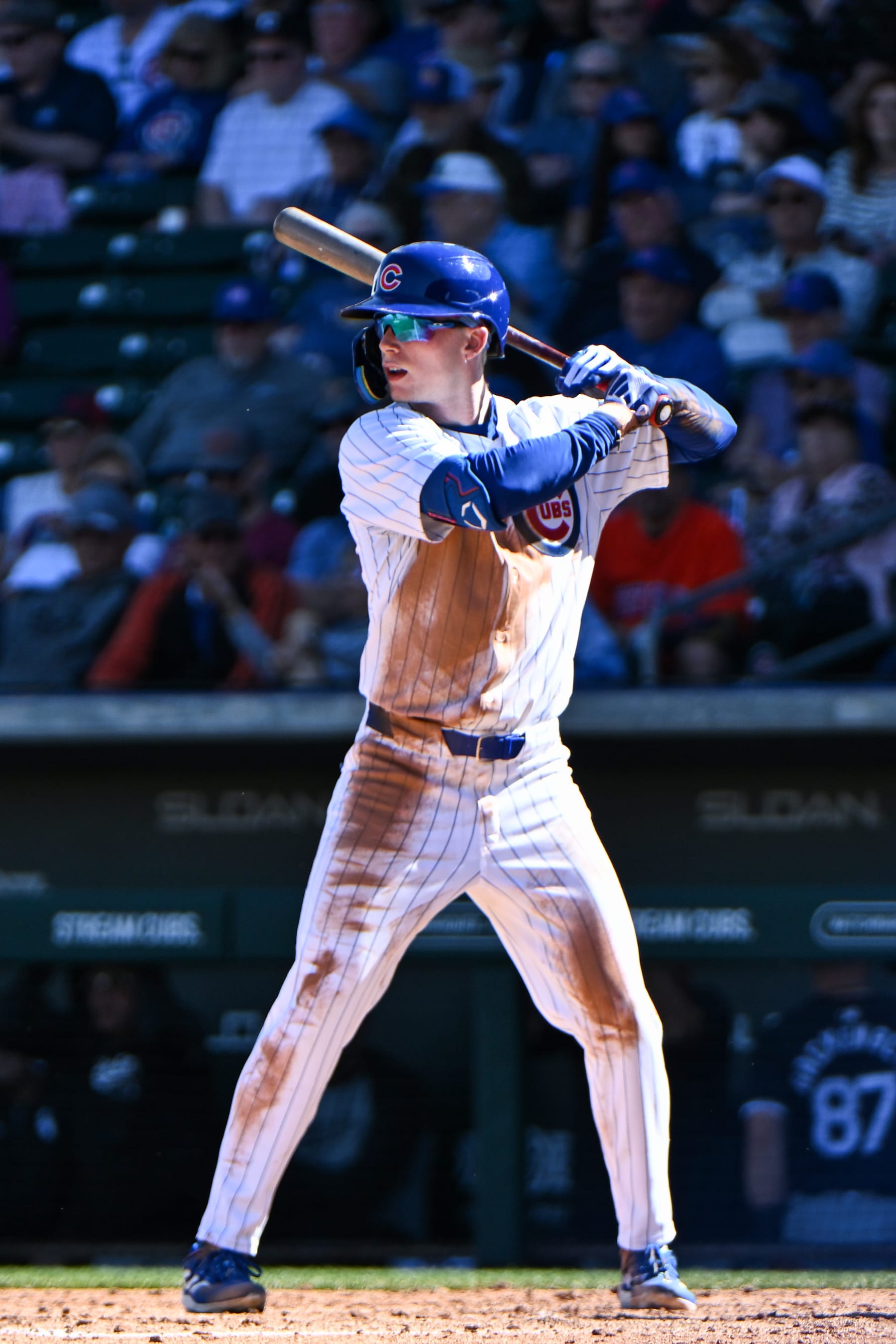 MESA, ARIZONA - FEBRUARY 23, 2024: Pete Crow-Armstrong #52 of the Chicago Cubs bats during the third inning of a spring training game against the Chicago White Sox at Sloan Park on February 23, 2024 in Mesa, Arizona. (Photo by David Durochik/Diamond Images via Getty Images)