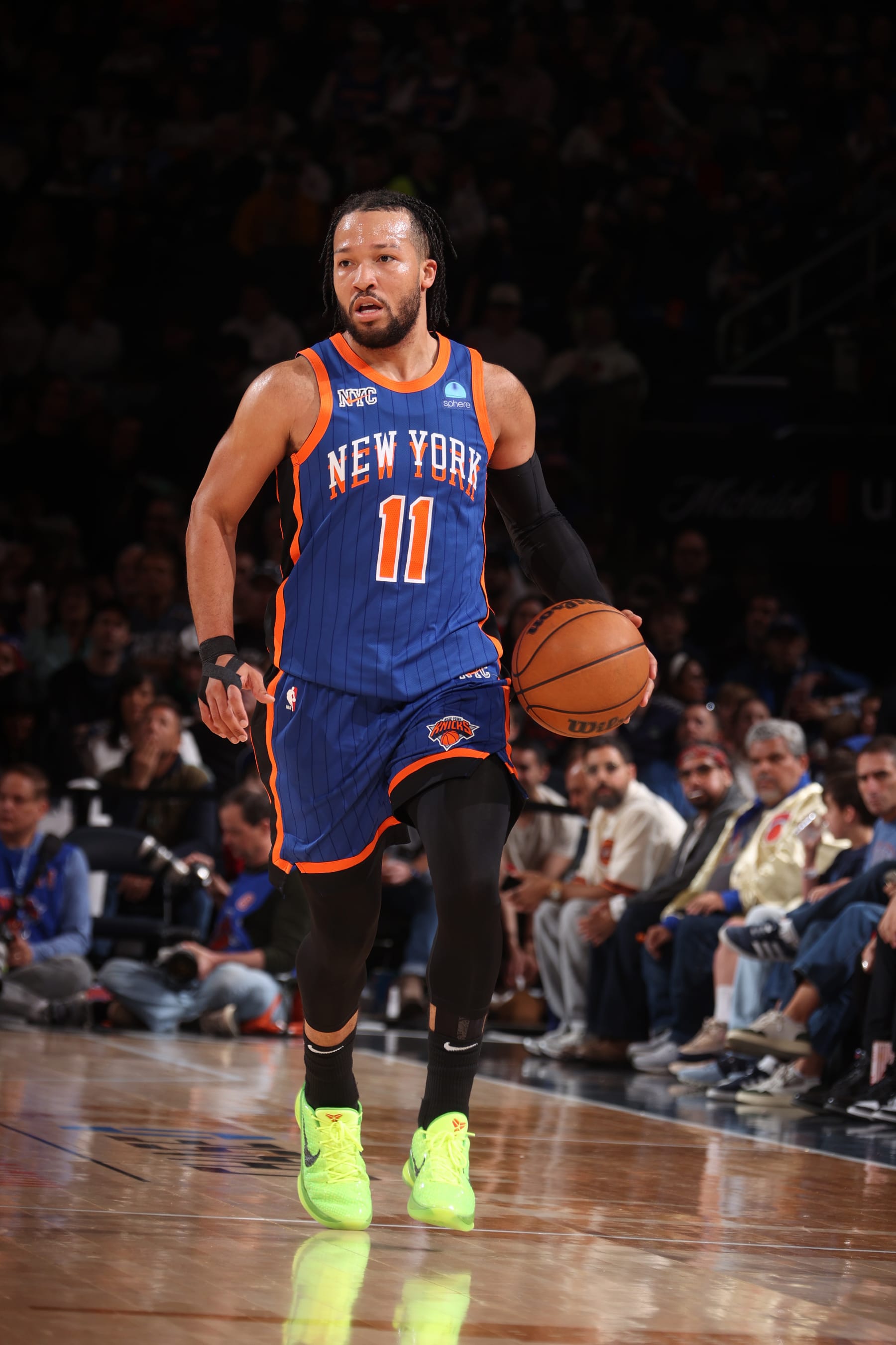 NEW YORK, NY - APRIL 14: Jalen Brunson #11 of the New York Knicks dribbles the ball during the game against the Chicago Bulls  on April 14, 2024 at Madison Square Garden in New York City, New York.  NOTE TO USER: User expressly acknowledges and agrees that, by downloading and or using this photograph, User is consenting to the terms and conditions of the Getty Images License Agreement. Mandatory Copyright Notice: Copyright 2024 NBAE  (Photo by Nathaniel S. Butler/NBAE via Getty Images)