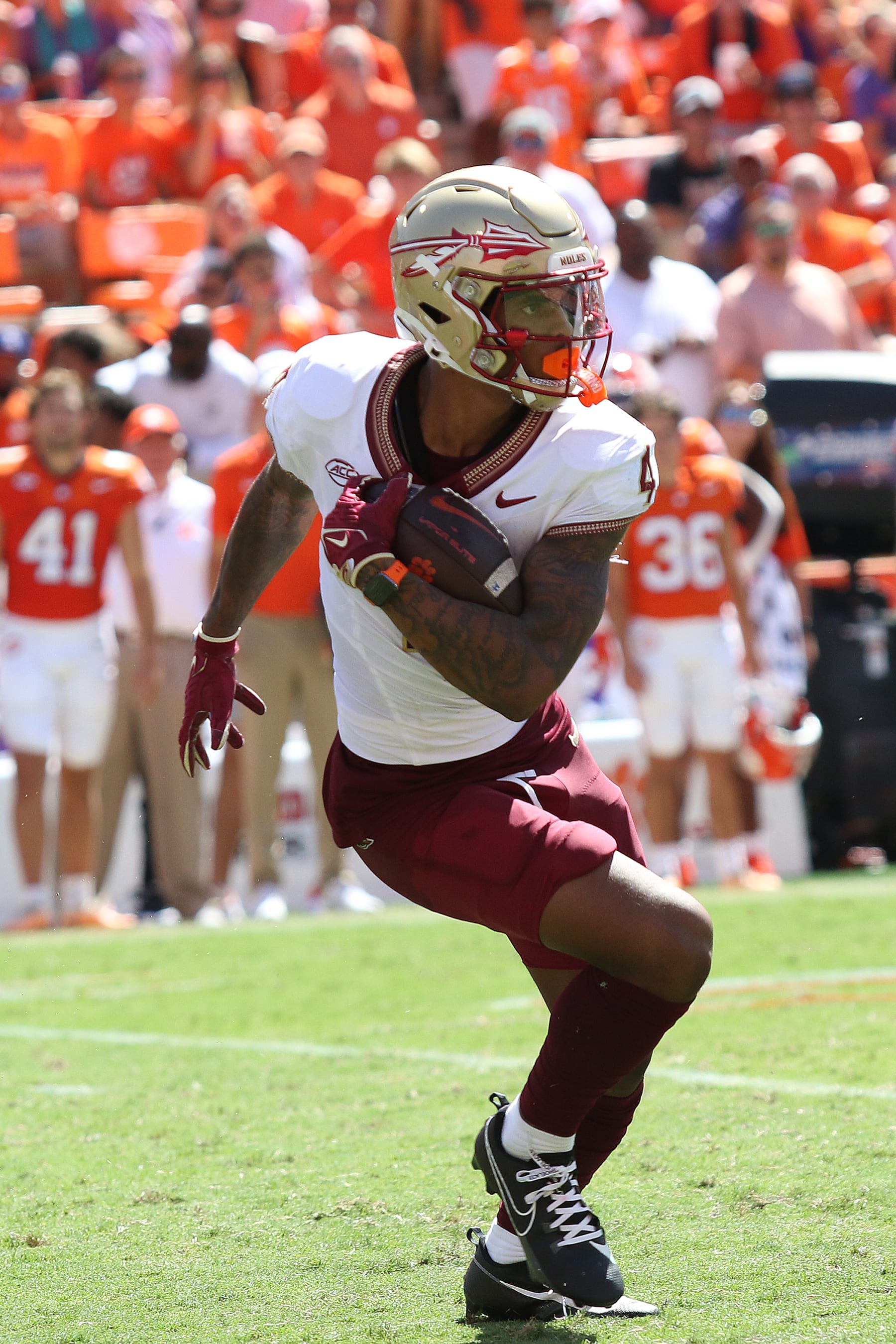 CLEMSON, SC - SEPTEMBER 23: Florida State Seminoles wide receiver Keon Coleman (4) during a college football game between the Florida State Seminoles and the Clemson Tigers on September 23, 2023, at Clemson Memorial Stadium in Clemson, S.C.  (Photo by John Byrum/Icon Sportswire via Getty Images)
