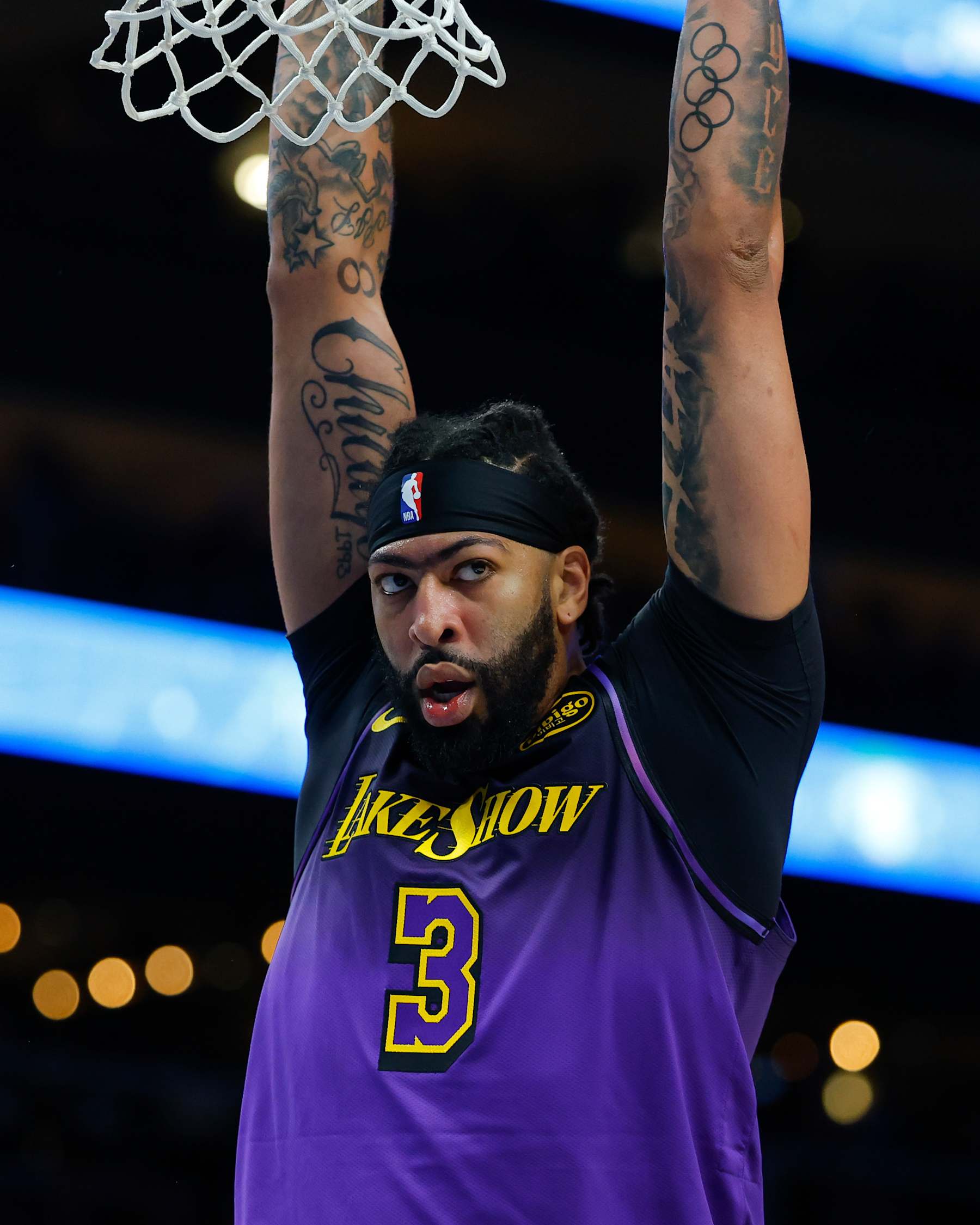 ATLANTA, GEORGIA - DECEMBER 6: Anthony Davis #3 of the Los Angeles Lakers reacts after a dunk during the first quarter against the Atlanta Hawks at State Farm Arena on December 6, 2024 in Atlanta, Georgia. NOTE TO USER: User expressly acknowledges and agrees that, by downloading and or using this photograph, User is consenting to the terms and conditions of the Getty Images License Agreement. (Photo by Todd Kirkland/Getty Images)