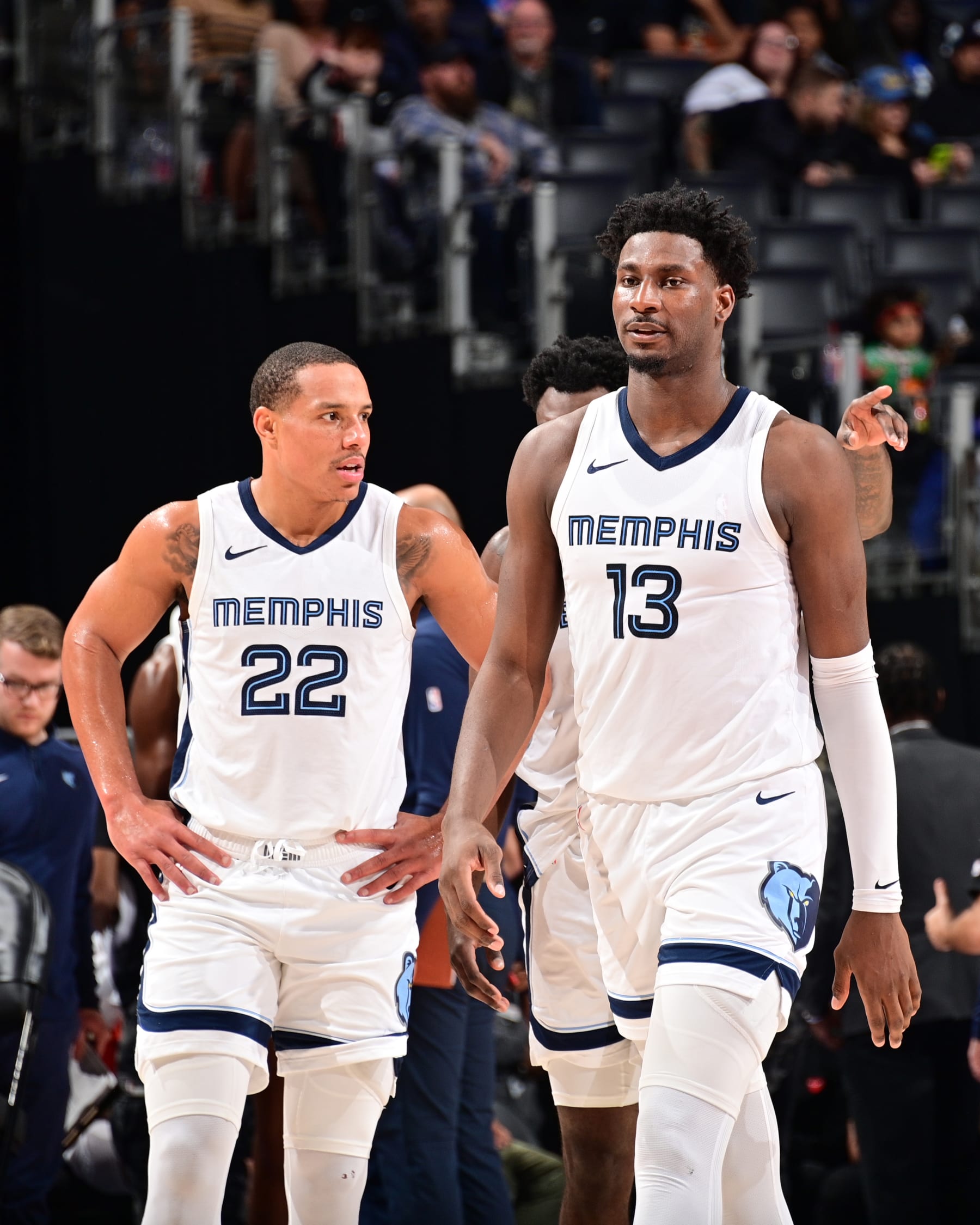 DETROIT, MI - DECEMBER 6: Desmond Bane #22 of the Memphis Grizzlies & Jaren Jackson Jr. #13 of the Memphis Grizzlies looks on during the game on December 6, 2023 at Little Caesars Arena in Detroit, Michigan. NOTE TO USER: User expressly acknowledges and agrees that, by downloading and/or using this photograph, User is consenting to the terms and conditions of the Getty Images License Agreement. Mandatory Copyright Notice: Copyright 2023 NBAE (Photo by Chris Schwegler/NBAE via Getty Images)