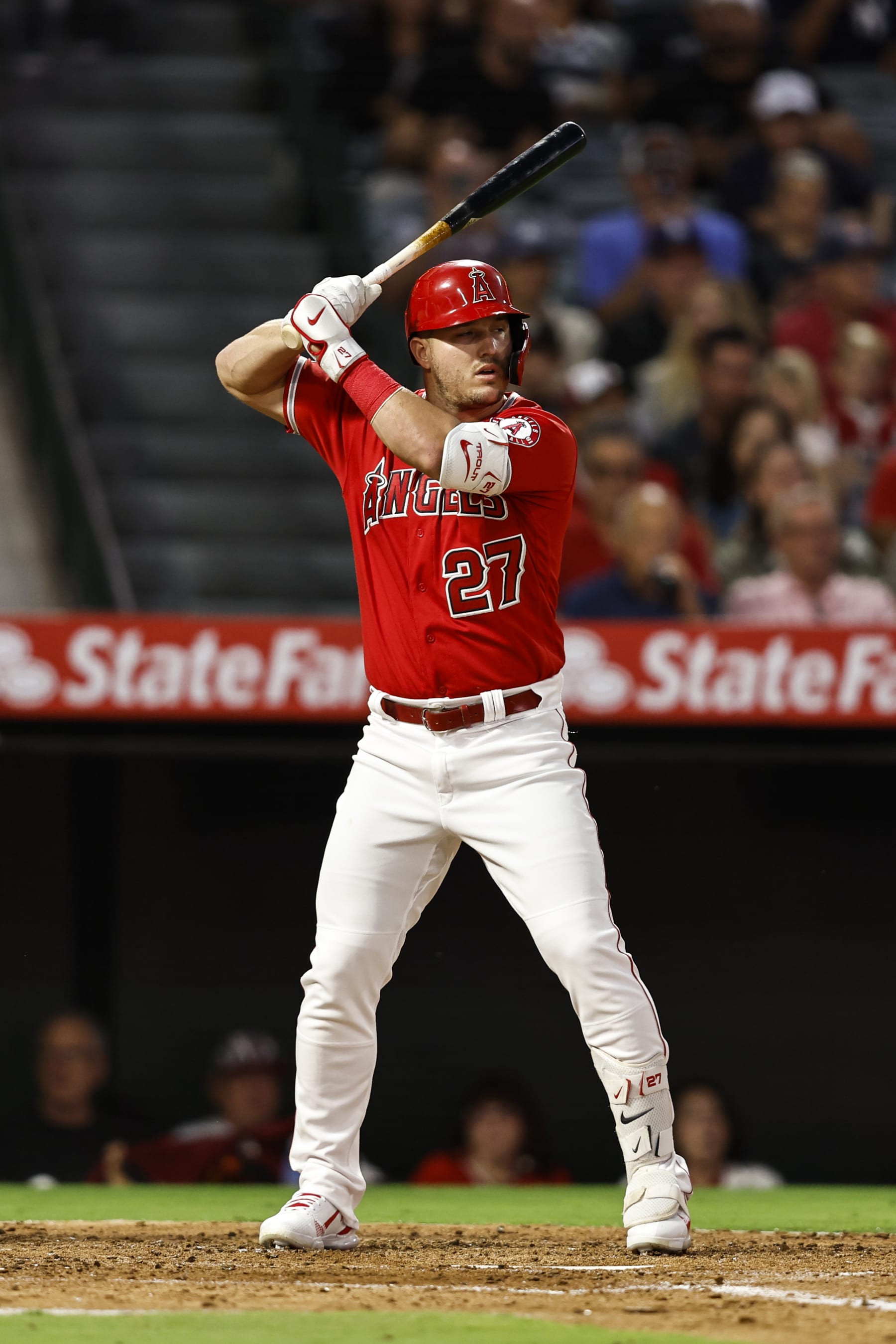 ANAHEIM, CALIFORNIA - AUGUST 29: Mike Trout #27 of the Los Angeles Angels at bat during the third inning of a game between the Los Angeles Angels and the New York Yankees at Angel Stadium of Anaheim on August 29, 2022 in Anaheim, California. (Photo by Michael Owens/Getty Images)